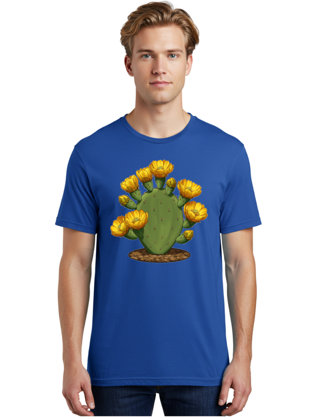 Prickly-Pear-Cactus Men'S Graphic Tee, 100% Cotton, Comfortable Casual Summer Wear, Machine Washable, Prickly Pear Cactus, Yellow Flowers, Desert Plant, Cactus Flowers, Vibrant Yellow, Succulent, Desert Garden, Floral Arrangement, Pears, Bad454