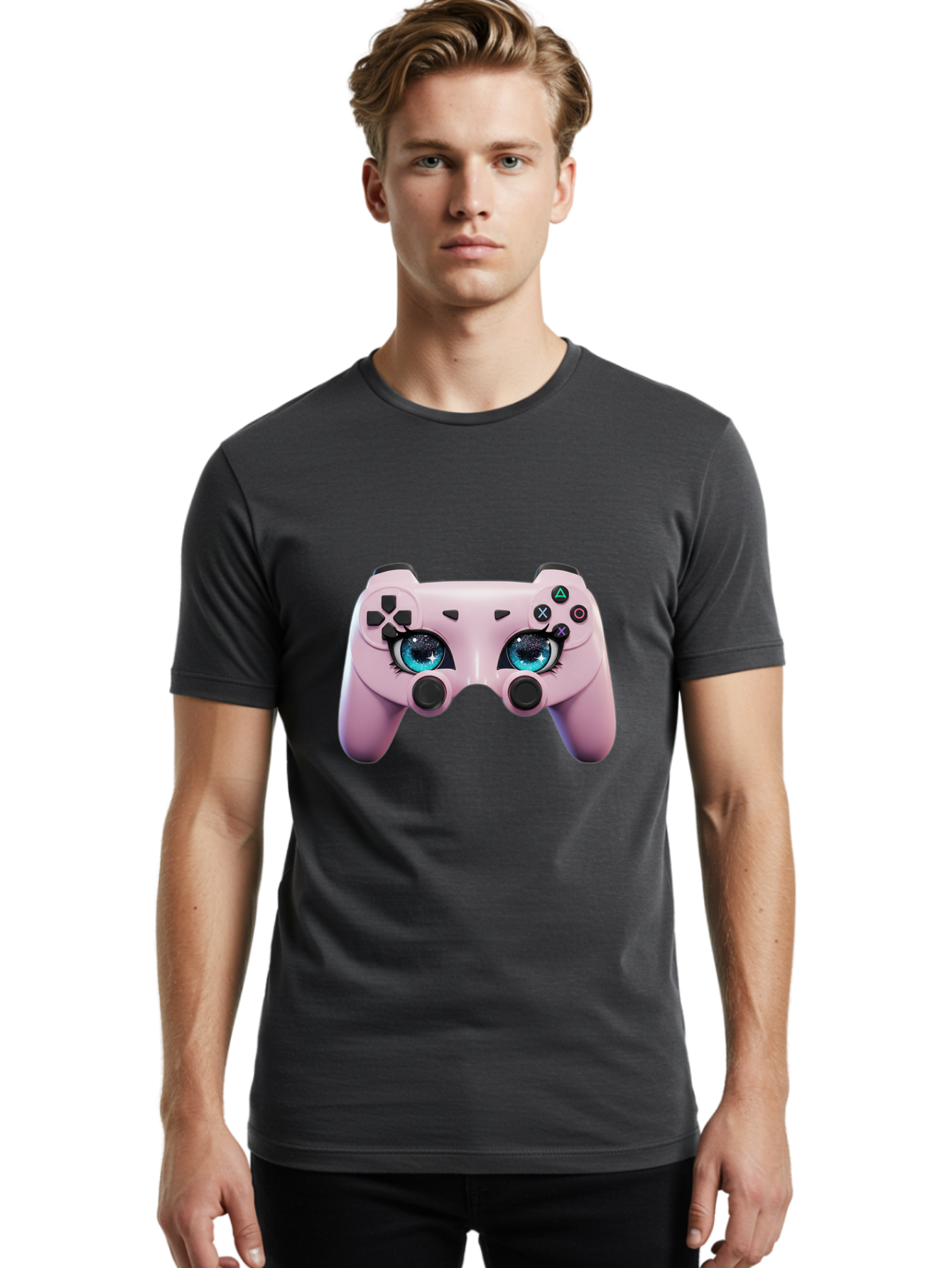 Ps4-Controller Men'S Graphic Tee, 100% Cotton, Comfortable Casual Summer Wear, Machine Washable, Pastel Pink Controller, Kawaii Gaming, Blue Eyes, Eyelashes, Ps4, Gaming, Kawaii Art, Pastel Colors, Cartoon Style, Video Game Bad455