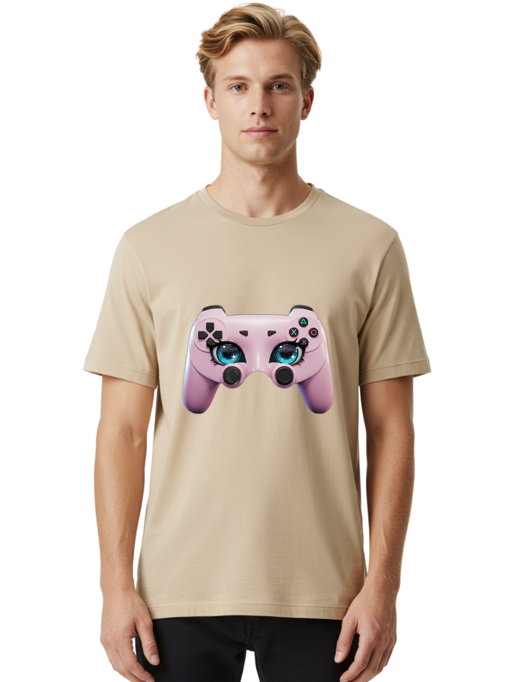 Ps4-Controller Men'S Graphic Tee, 100% Cotton, Comfortable Casual Summer Wear, Machine Washable, Pastel Pink Controller, Kawaii Gaming, Blue Eyes, Eyelashes, Ps4, Gaming, Kawaii Art, Pastel Colors, Cartoon Style, Video Game Bad455