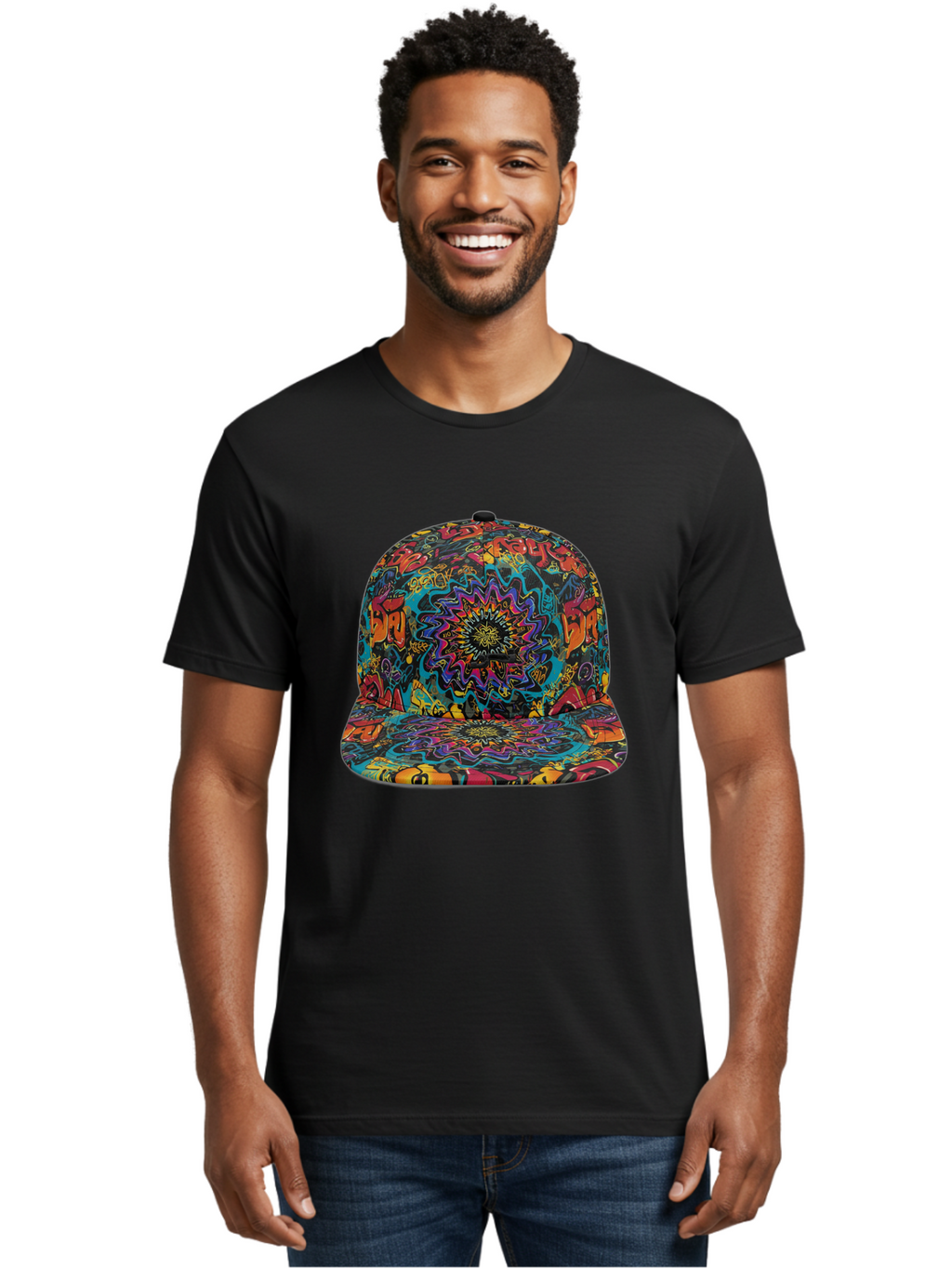 Psychedelic-Snapback Men'S Graphic Tee, 100% Cotton, Comfortable Casual Summer Wear, Machine Washable, Psychedelic Pattern, Colorful Design, Abstract Art, Vibrant Colors, Streetwear Fashion, Hip Hop Style, Casual Wear, Trendy Accessories, Bad456