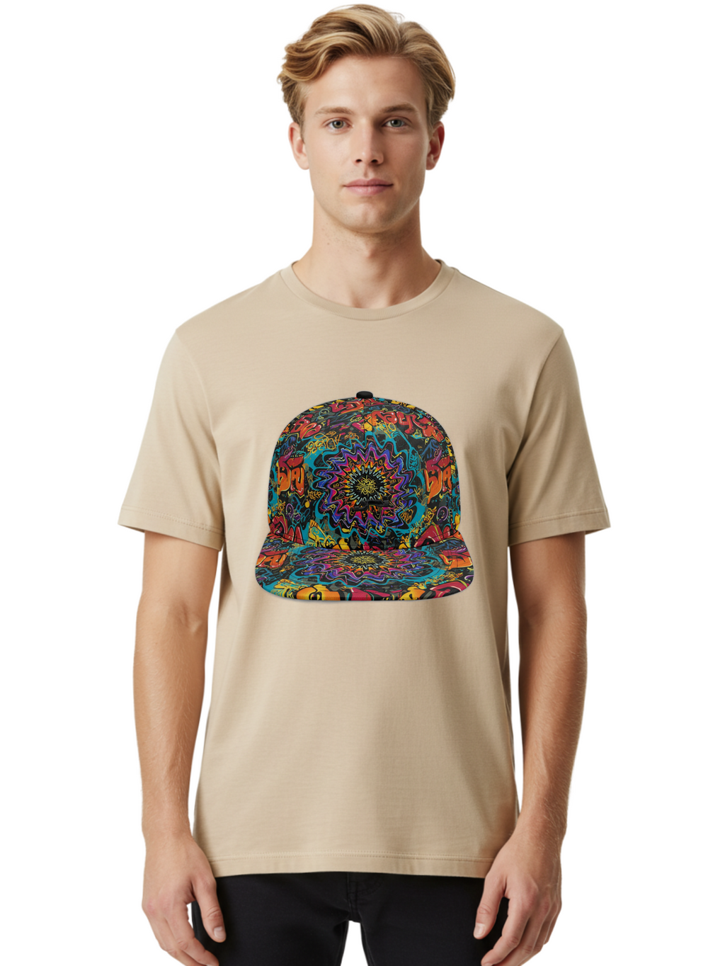 Psychedelic-Snapback Men'S Graphic Tee, 100% Cotton, Comfortable Casual Summer Wear, Machine Washable, Psychedelic Pattern, Colorful Design, Abstract Art, Vibrant Colors, Streetwear Fashion, Hip Hop Style, Casual Wear, Trendy Accessories, Bad456