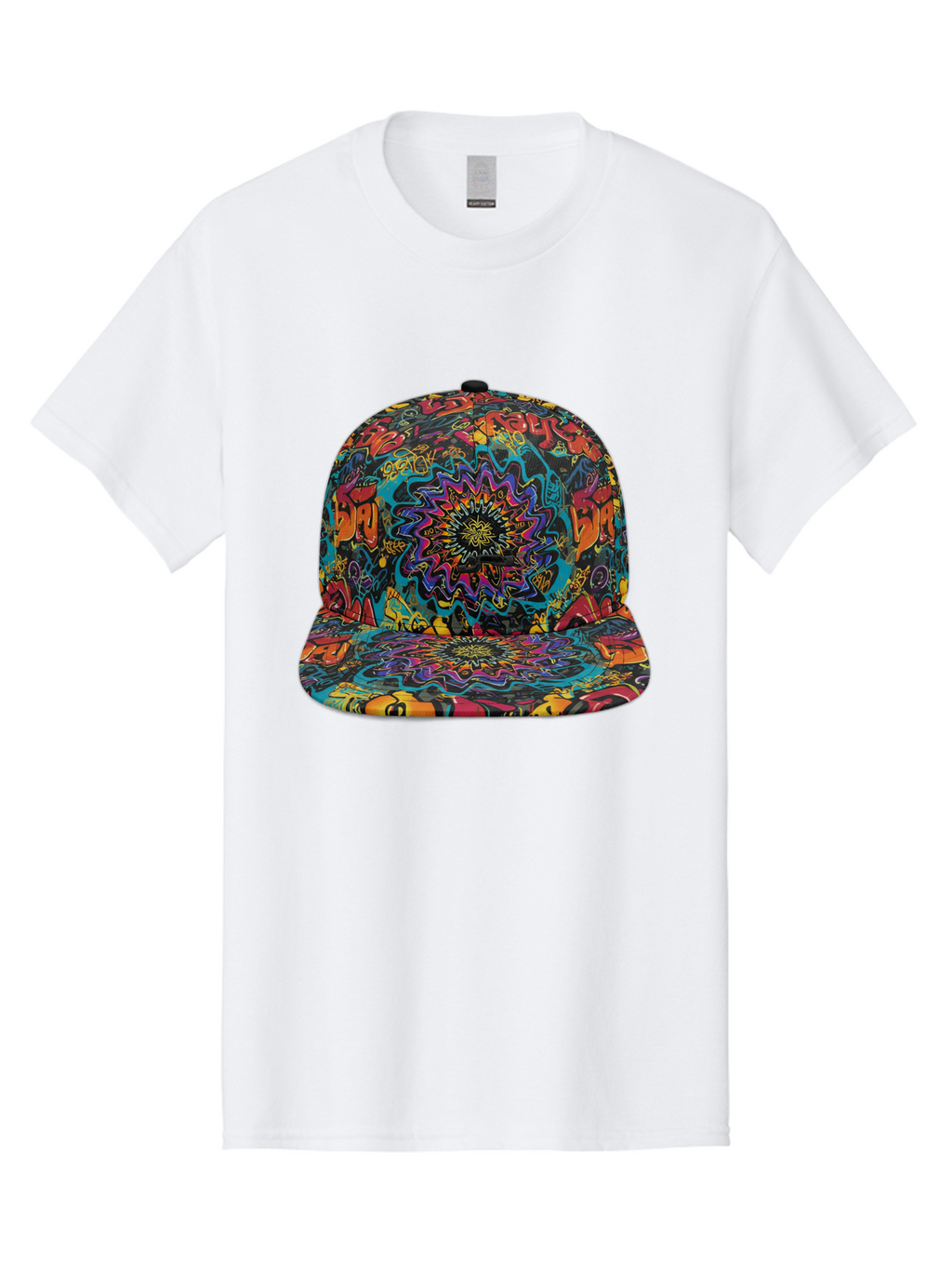 Psychedelic-Snapback Men'S Graphic Tee, 100% Cotton, Comfortable Casual Summer Wear, Machine Washable, Psychedelic Pattern, Colorful Design, Abstract Art, Vibrant Colors, Streetwear Fashion, Hip Hop Style, Casual Wear, Trendy Accessories, Bad456