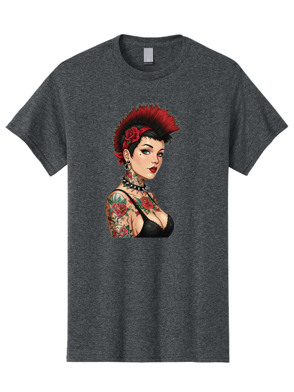 Punk-Rock-Girl Men'S Graphic Tee, 100% Cotton, Comfortable Casual Summer Wear, Machine Washable, Tattooed Woman, Punk Rock Style, Red Roses, Black Clothing, Spiky Hair, Studded Choker, Alternative Fashion, Edgy Beauty, Bold Makeup, Bad458