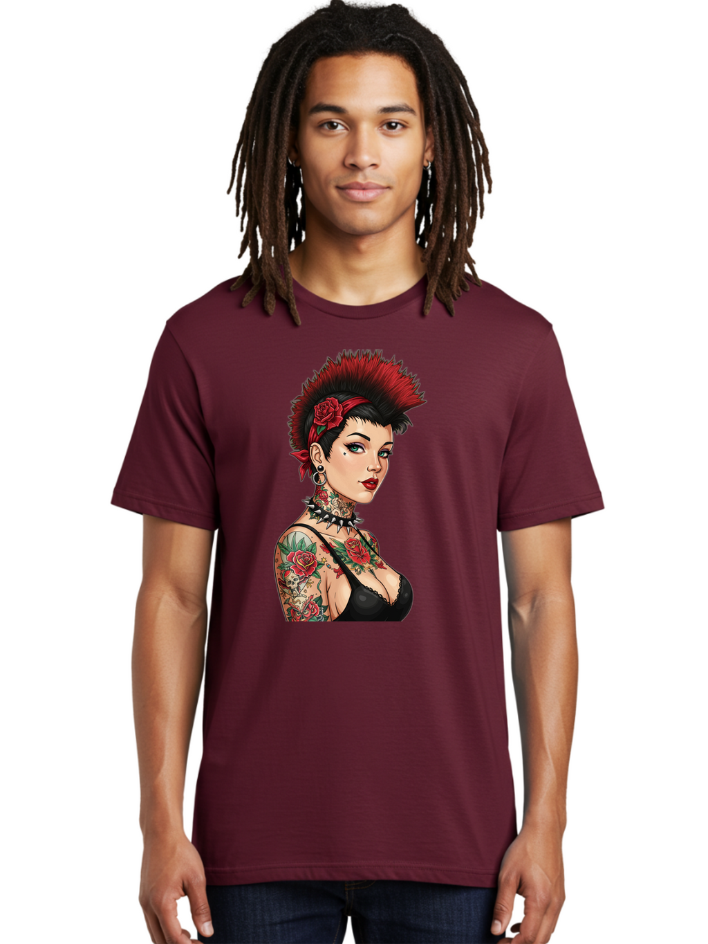 Punk-Rock-Girl Men'S Graphic Tee, 100% Cotton, Comfortable Casual Summer Wear, Machine Washable, Tattooed Woman, Punk Rock Style, Red Roses, Black Clothing, Spiky Hair, Studded Choker, Alternative Fashion, Edgy Beauty, Bold Makeup, Bad458