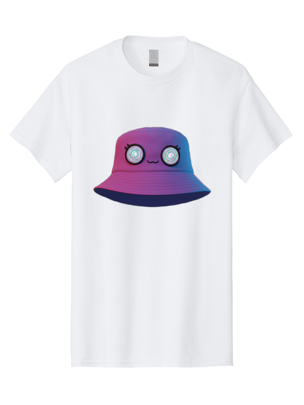 Purple-Bucket-Hat-1 Men'S Graphic Tee, 100% Cotton, Comfortable Casual Summer Wear, Machine Washable, Purple And Blue Bucket Hat, Spiral Eyes, Eyelashes, Smiling Face, Cartoon Character, Digital Illustration, Trendy Fashion, Bad459