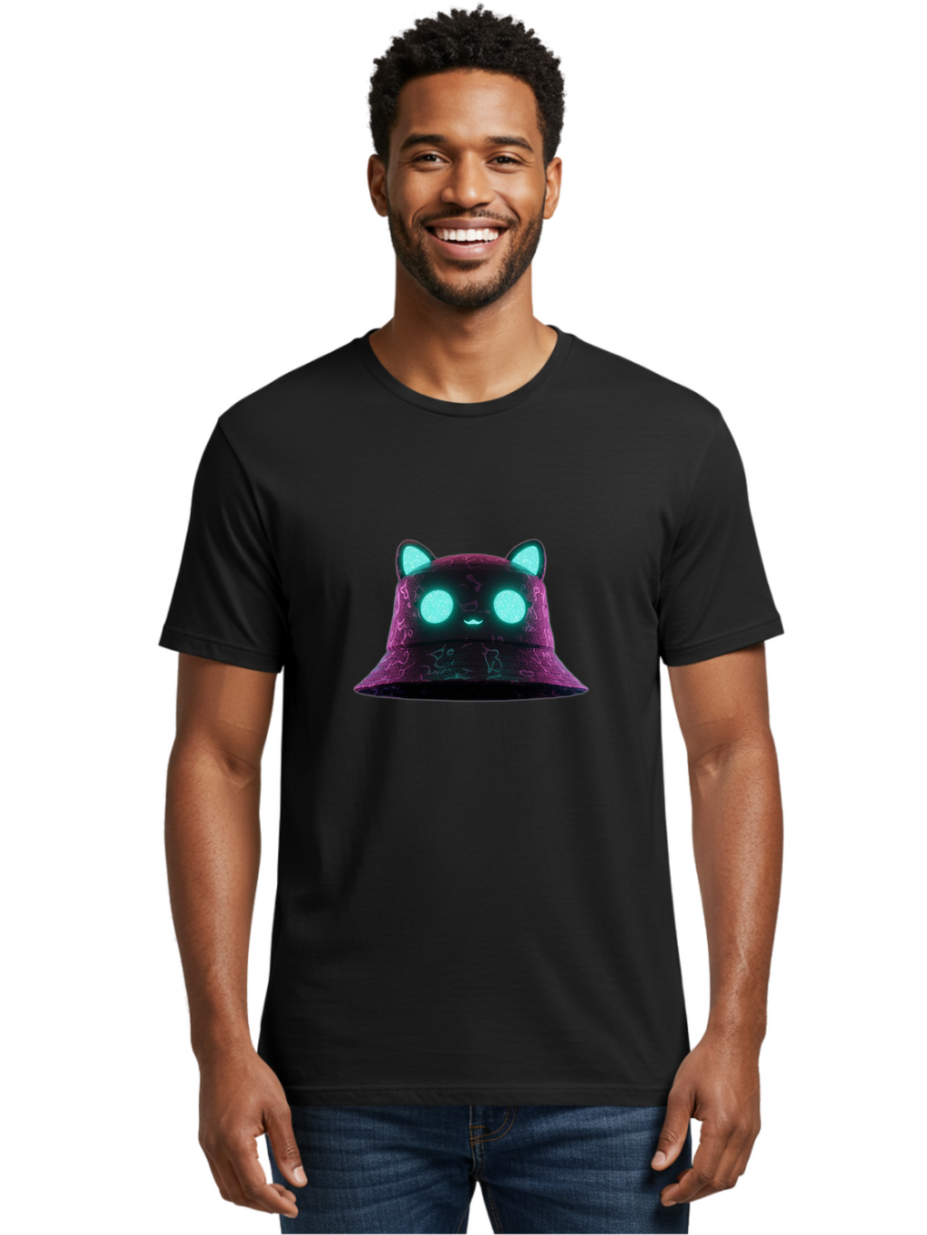 Purple-Bucket-Hat-2 Men'S Graphic Tee, 100% Cotton, Comfortable Casual Summer Wear, Machine Washable, Purple Bucket Hat, Cat Ears, Glowing Eyes, Cute Face, Cartoon Style, Fashion Accessory, Streetwear, Trendy Hat Bad460
