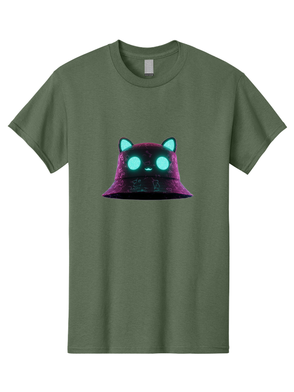 Purple-Bucket-Hat-2 Men'S Graphic Tee, 100% Cotton, Comfortable Casual Summer Wear, Machine Washable, Purple Bucket Hat, Cat Ears, Glowing Eyes, Cute Face, Cartoon Style, Fashion Accessory, Streetwear, Trendy Hat Bad460