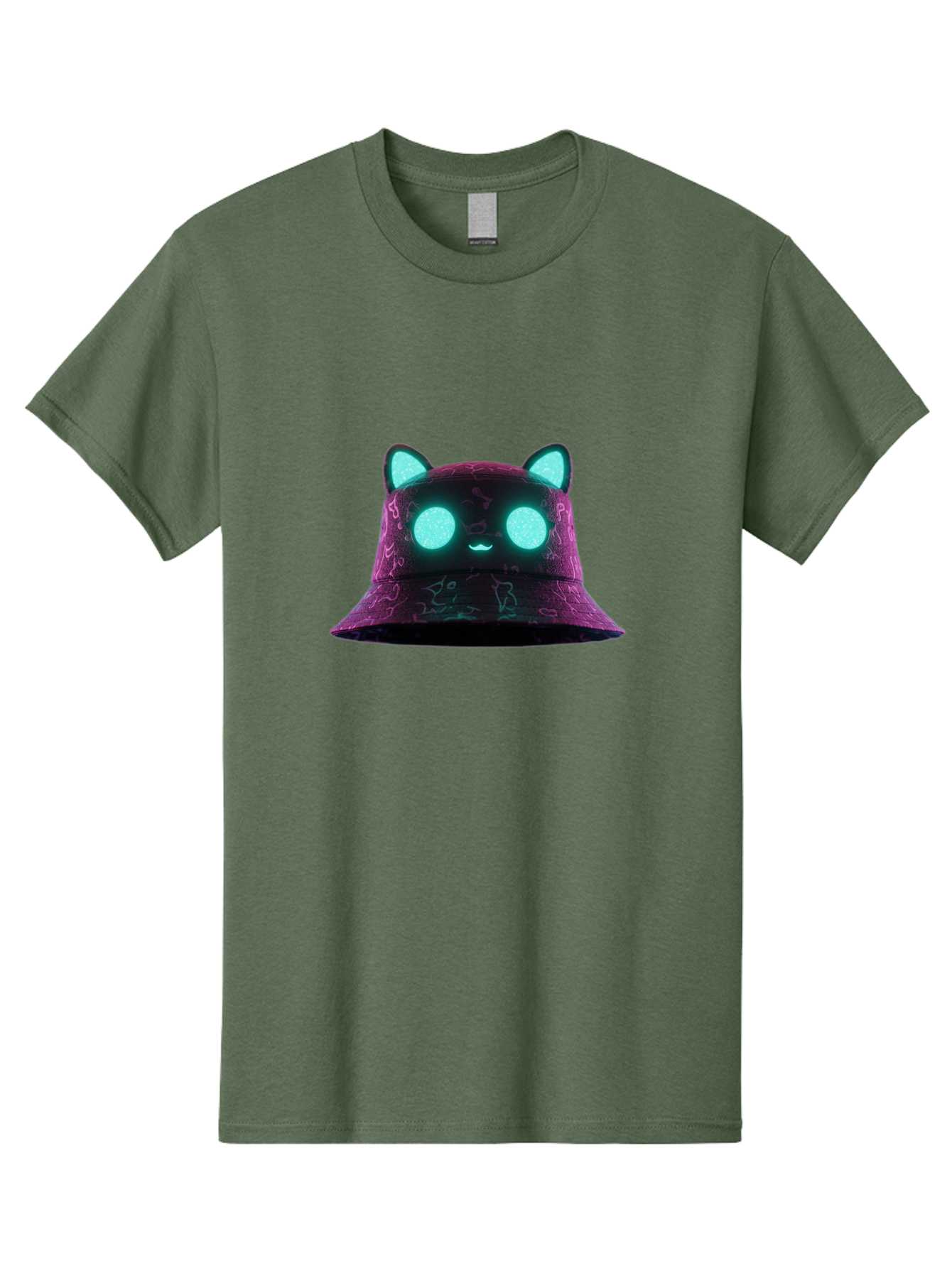 Purple-Bucket-Hat-2 Men'S Graphic Tee, 100% Cotton, Comfortable Casual Summer Wear, Machine Washable, Purple Bucket Hat, Cat Ears, Glowing Eyes, Cute Face, Cartoon Style, Fashion Accessory, Streetwear, Trendy Hat Bad460