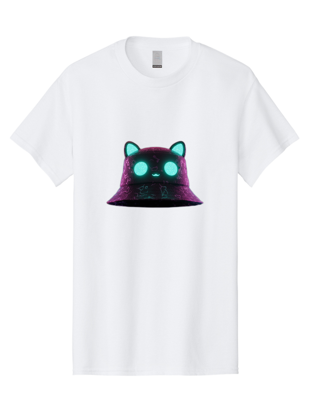 Purple-Bucket-Hat-2 Men'S Graphic Tee, 100% Cotton, Comfortable Casual Summer Wear, Machine Washable, Purple Bucket Hat, Cat Ears, Glowing Eyes, Cute Face, Cartoon Style, Fashion Accessory, Streetwear, Trendy Hat Bad460