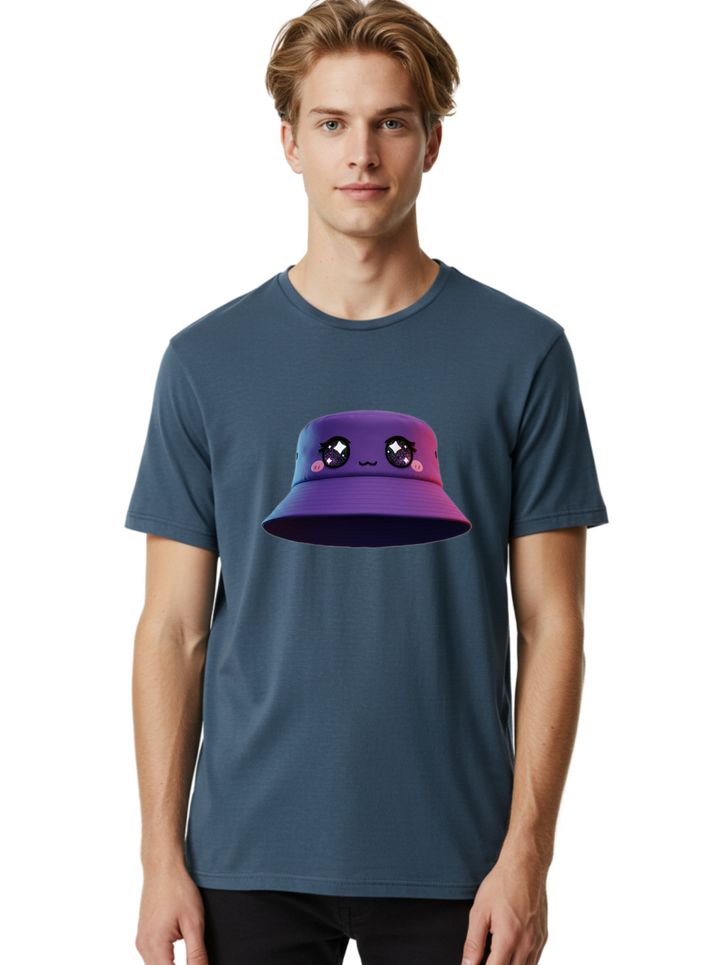 Purple-Bucket-Hat Men'S Graphic Tee, 100% Cotton, Comfortable Casual Summer Wear, Machine Washable, Purple Bucket Hat, Cartoonish Face, Anime Style, Kawaii Fashion, Sparkly Eyes, Fashionable Accessory, Trendy Headwear, Youth Culture, Bad461