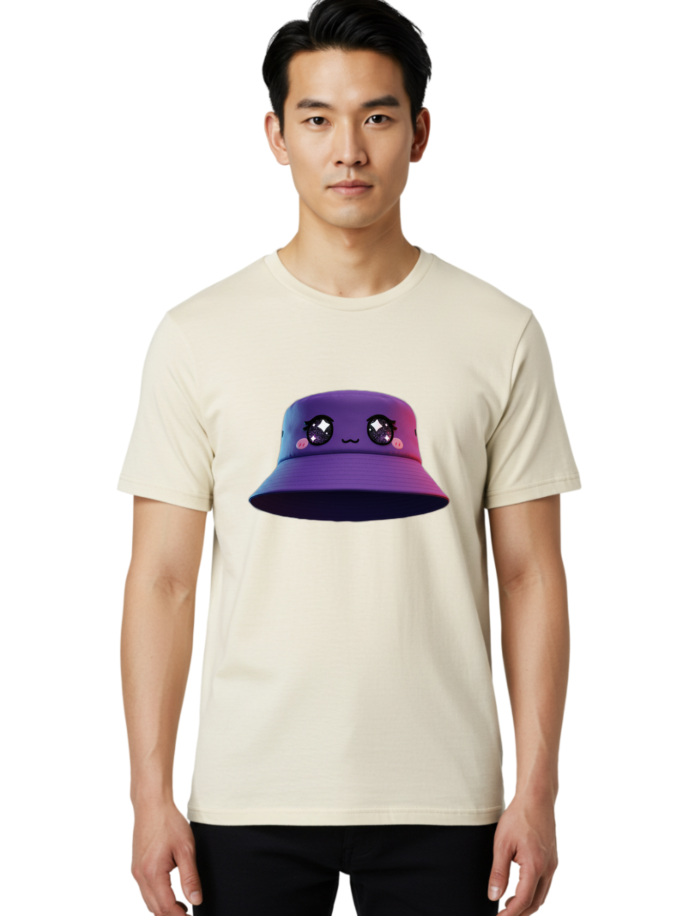 Purple-Bucket-Hat Men'S Graphic Tee, 100% Cotton, Comfortable Casual Summer Wear, Machine Washable, Purple Bucket Hat, Cartoonish Face, Anime Style, Kawaii Fashion, Sparkly Eyes, Fashionable Accessory, Trendy Headwear, Youth Culture, Bad461
