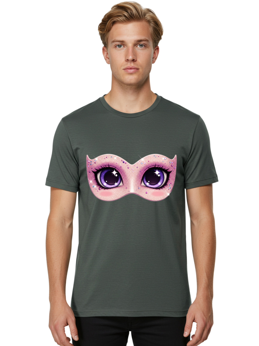 Purple-Eyes-Mask Men'S Graphic Tee, 100% Cotton, Comfortable Casual Summer Wear, Machine Washable, Cartoon Woman Eyes, Purple Eyes, Pink Mask, Rhinestones, Glamorous, Mysterious, Fashion, Beauty, Makeup, Cosmetics Bad463