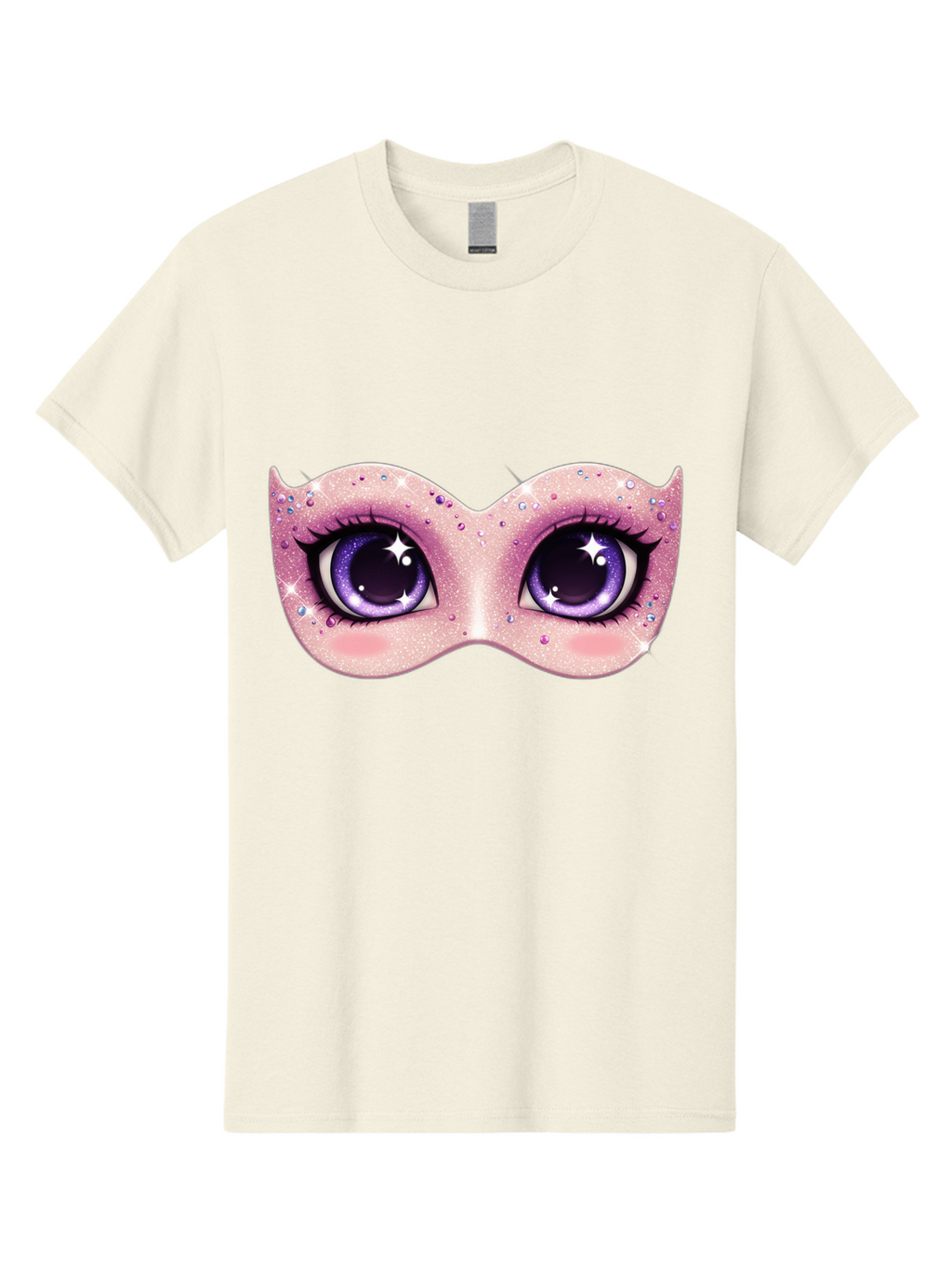 Purple-Eyes-Mask Men'S Graphic Tee, 100% Cotton, Comfortable Casual Summer Wear, Machine Washable, Cartoon Woman Eyes, Purple Eyes, Pink Mask, Rhinestones, Glamorous, Mysterious, Fashion, Beauty, Makeup, Cosmetics Bad463