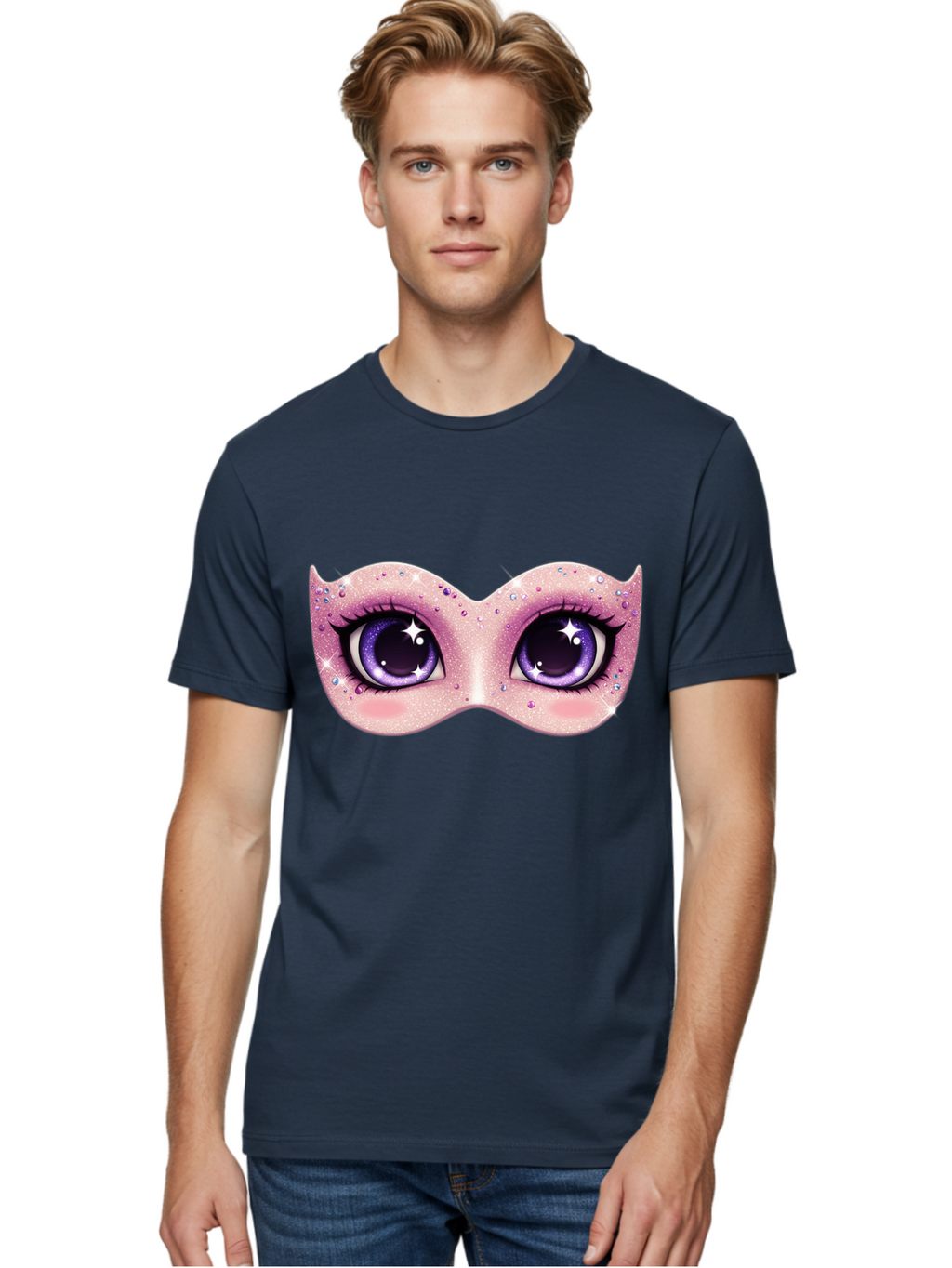Purple-Eyes-Mask Men'S Graphic Tee, 100% Cotton, Comfortable Casual Summer Wear, Machine Washable, Cartoon Woman Eyes, Purple Eyes, Pink Mask, Rhinestones, Glamorous, Mysterious, Fashion, Beauty, Makeup, Cosmetics Bad463