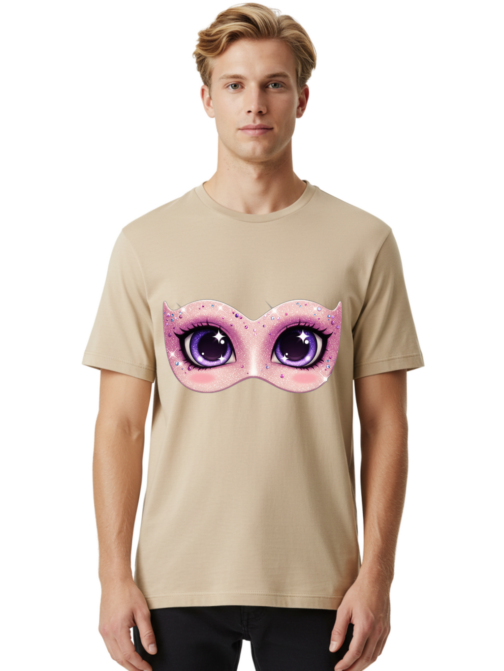 Purple-Eyes-Mask Men'S Graphic Tee, 100% Cotton, Comfortable Casual Summer Wear, Machine Washable, Cartoon Woman Eyes, Purple Eyes, Pink Mask, Rhinestones, Glamorous, Mysterious, Fashion, Beauty, Makeup, Cosmetics Bad463