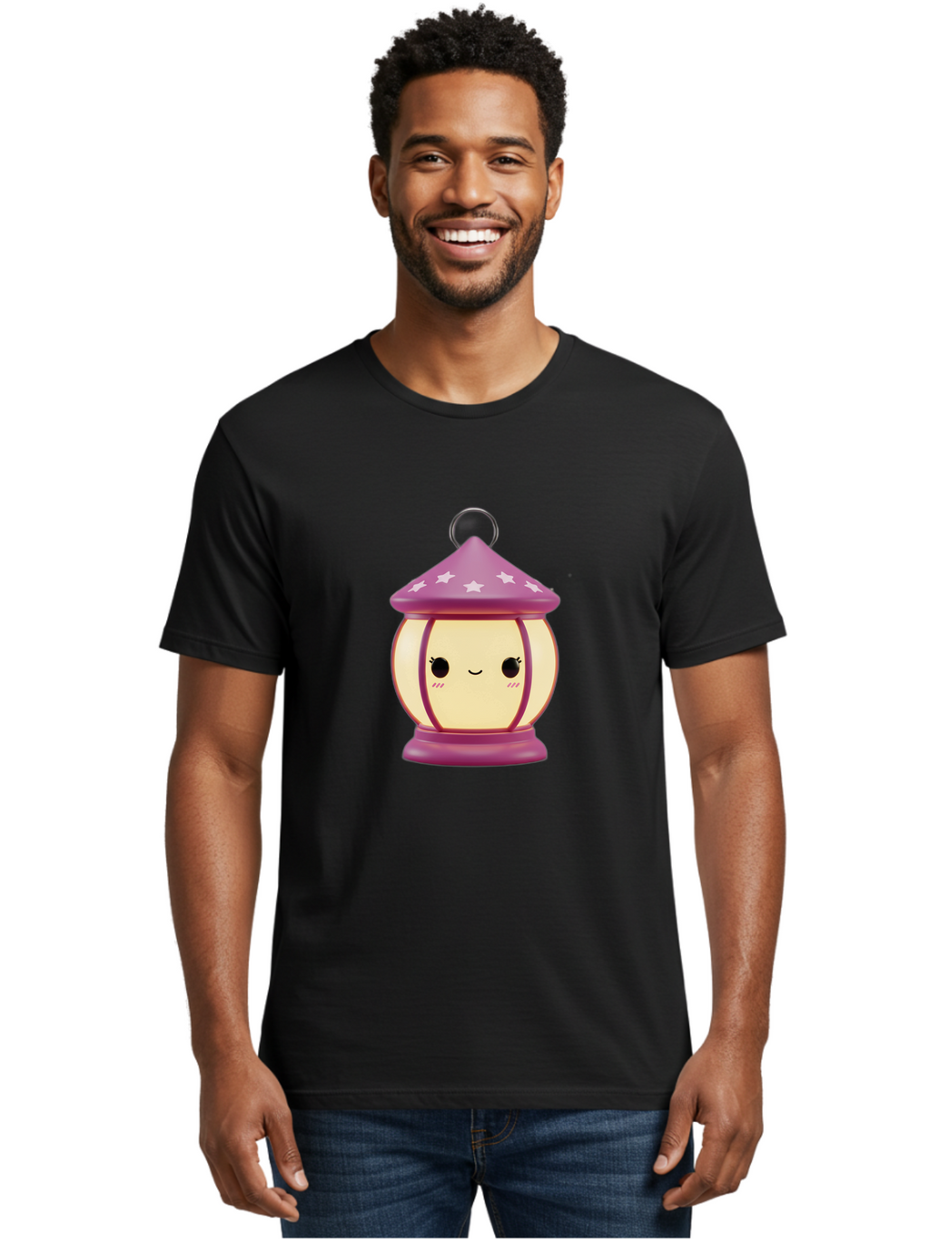Purple-Lantern Men'S Graphic Tee, 100% Cotton, Comfortable Casual Summer Wear, Machine Washable, Cartoon Lantern, Purple Lantern, White Stars, Smiling Face, Kawaii Design, Cute Decor, Soft Lighting, Decorative Lamp, Whimsical Charm, Bad464