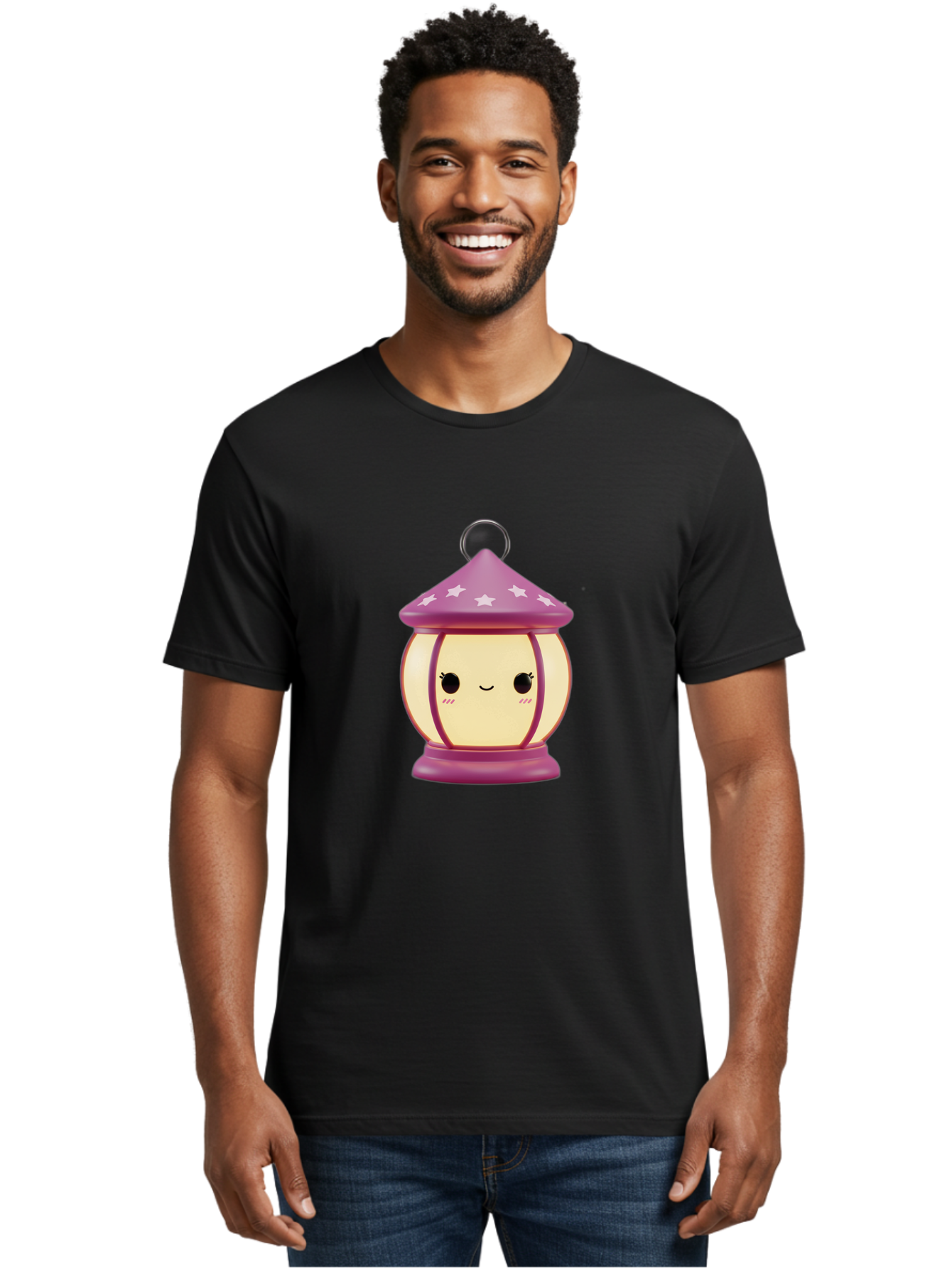 Purple-Lantern Men'S Graphic Tee, 100% Cotton, Comfortable Casual Summer Wear, Machine Washable, Cartoon Lantern, Purple Lantern, White Stars, Smiling Face, Kawaii Design, Cute Decor, Soft Lighting, Decorative Lamp, Whimsical Charm, Bad464