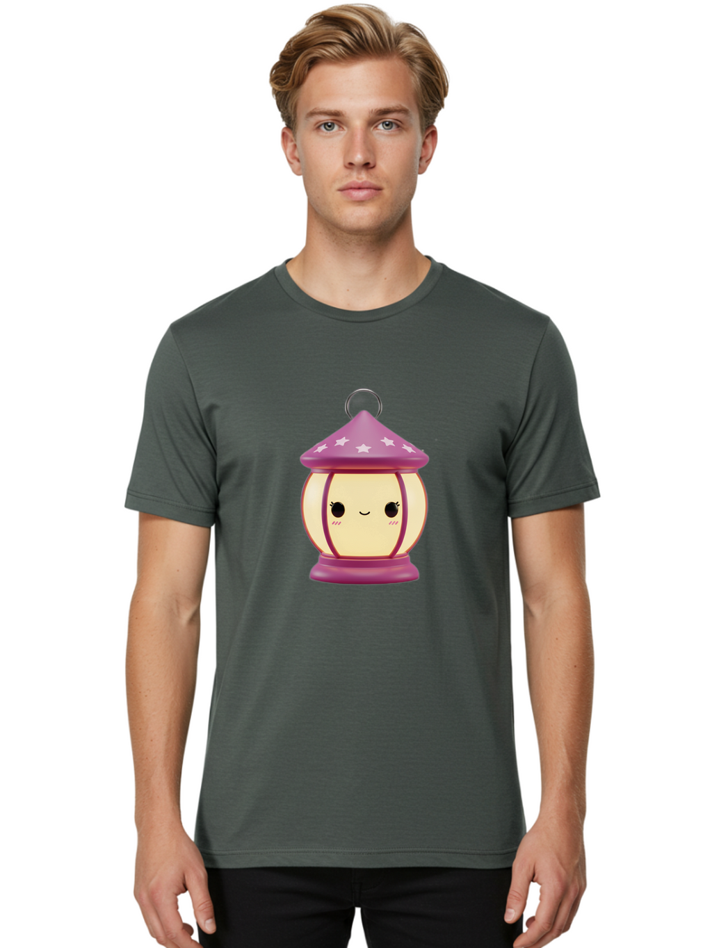 Purple-Lantern Men'S Graphic Tee, 100% Cotton, Comfortable Casual Summer Wear, Machine Washable, Cartoon Lantern, Purple Lantern, White Stars, Smiling Face, Kawaii Design, Cute Decor, Soft Lighting, Decorative Lamp, Whimsical Charm, Bad464