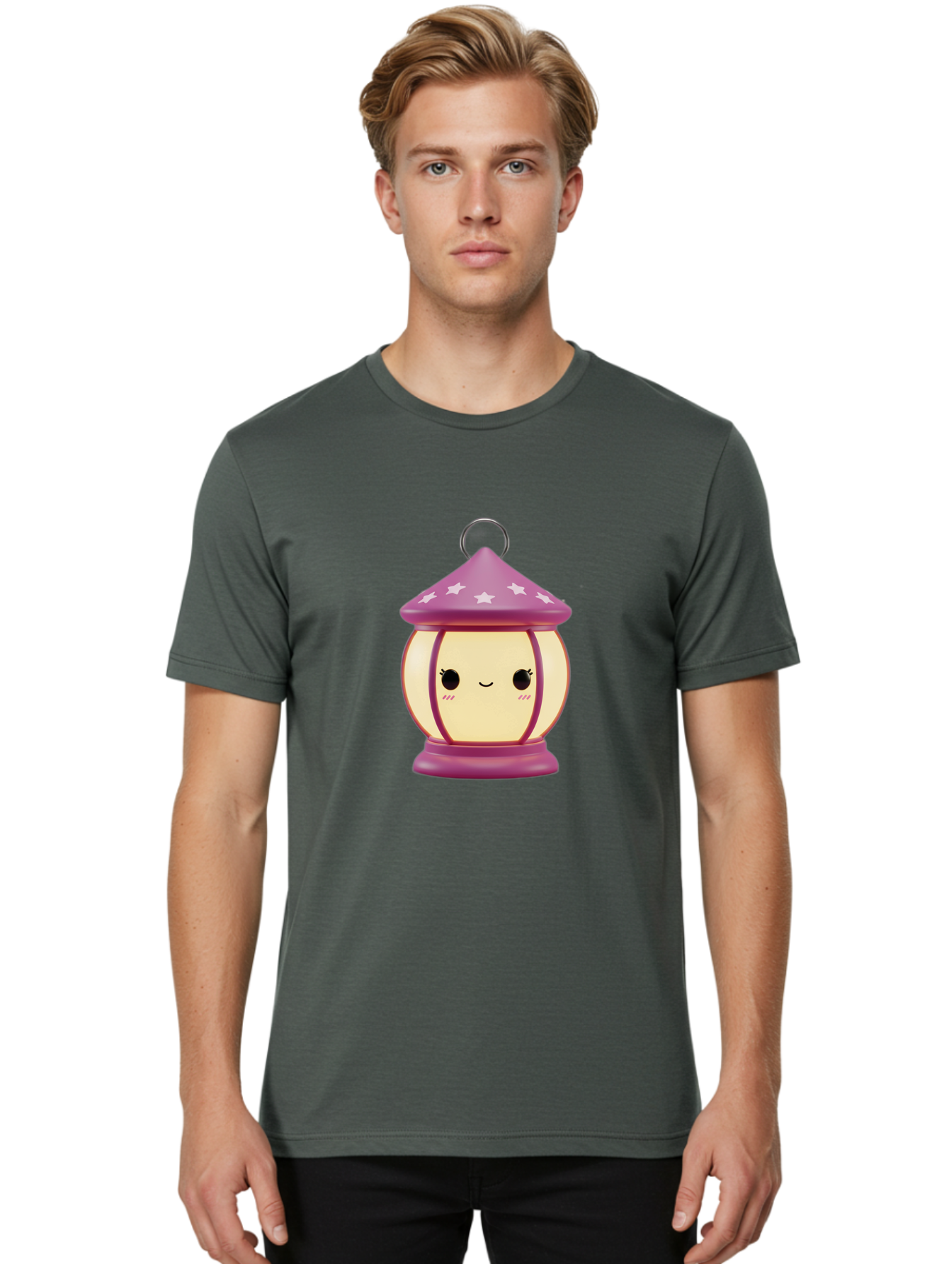Purple-Lantern Men'S Graphic Tee, 100% Cotton, Comfortable Casual Summer Wear, Machine Washable, Cartoon Lantern, Purple Lantern, White Stars, Smiling Face, Kawaii Design, Cute Decor, Soft Lighting, Decorative Lamp, Whimsical Charm, Bad464