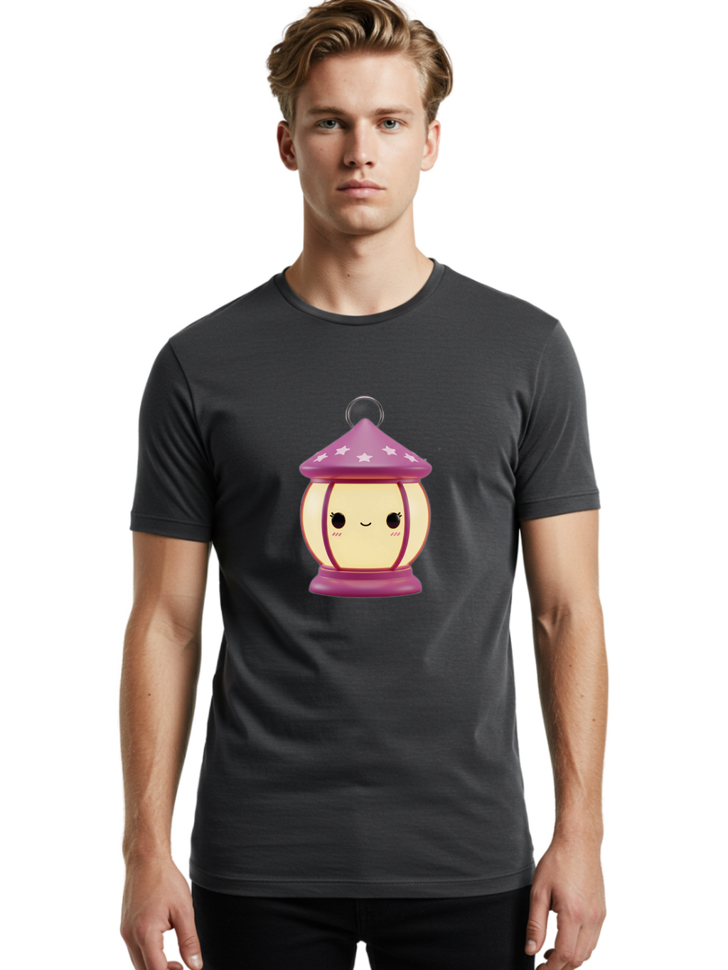 Purple-Lantern Men'S Graphic Tee, 100% Cotton, Comfortable Casual Summer Wear, Machine Washable, Cartoon Lantern, Purple Lantern, White Stars, Smiling Face, Kawaii Design, Cute Decor, Soft Lighting, Decorative Lamp, Whimsical Charm, Bad464