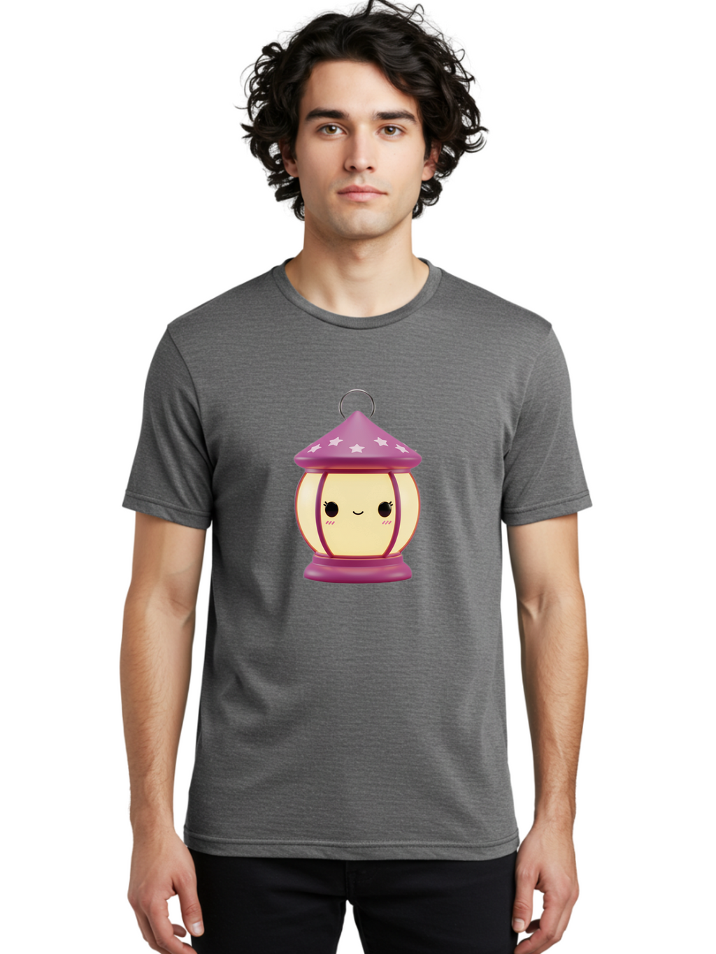 Purple-Lantern Men'S Graphic Tee, 100% Cotton, Comfortable Casual Summer Wear, Machine Washable, Cartoon Lantern, Purple Lantern, White Stars, Smiling Face, Kawaii Design, Cute Decor, Soft Lighting, Decorative Lamp, Whimsical Charm, Bad464