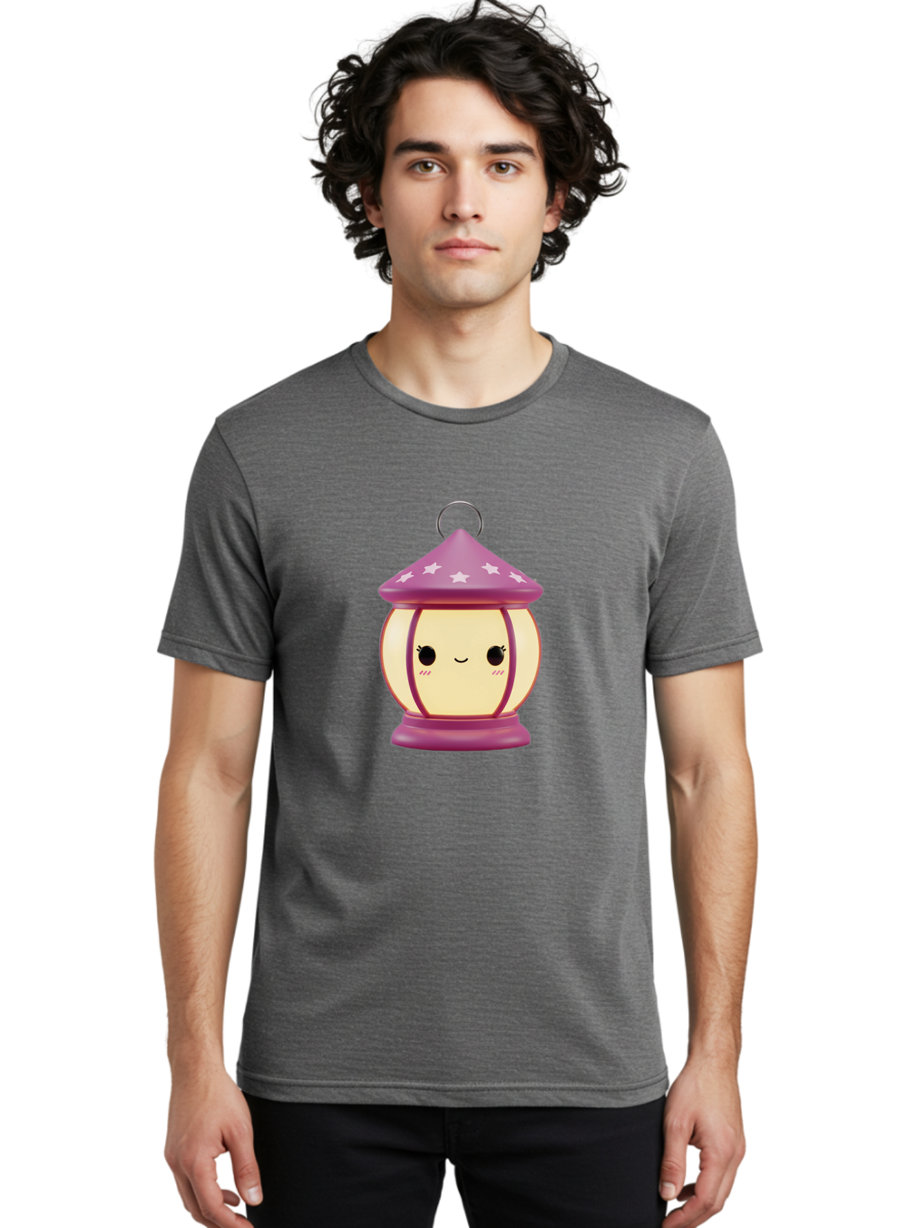 Purple-Lantern Men'S Graphic Tee, 100% Cotton, Comfortable Casual Summer Wear, Machine Washable, Cartoon Lantern, Purple Lantern, White Stars, Smiling Face, Kawaii Design, Cute Decor, Soft Lighting, Decorative Lamp, Whimsical Charm, Bad464