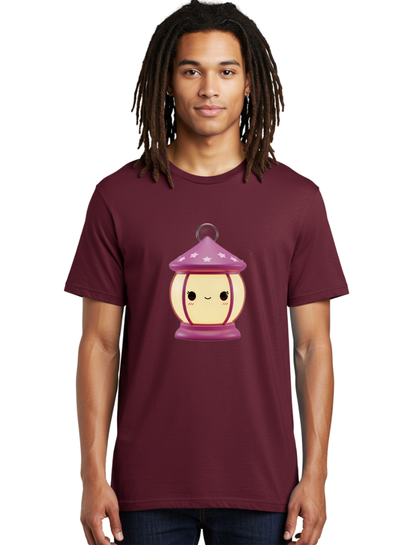 Purple-Lantern Men'S Graphic Tee, 100% Cotton, Comfortable Casual Summer Wear, Machine Washable, Cartoon Lantern, Purple Lantern, White Stars, Smiling Face, Kawaii Design, Cute Decor, Soft Lighting, Decorative Lamp, Whimsical Charm, Bad464