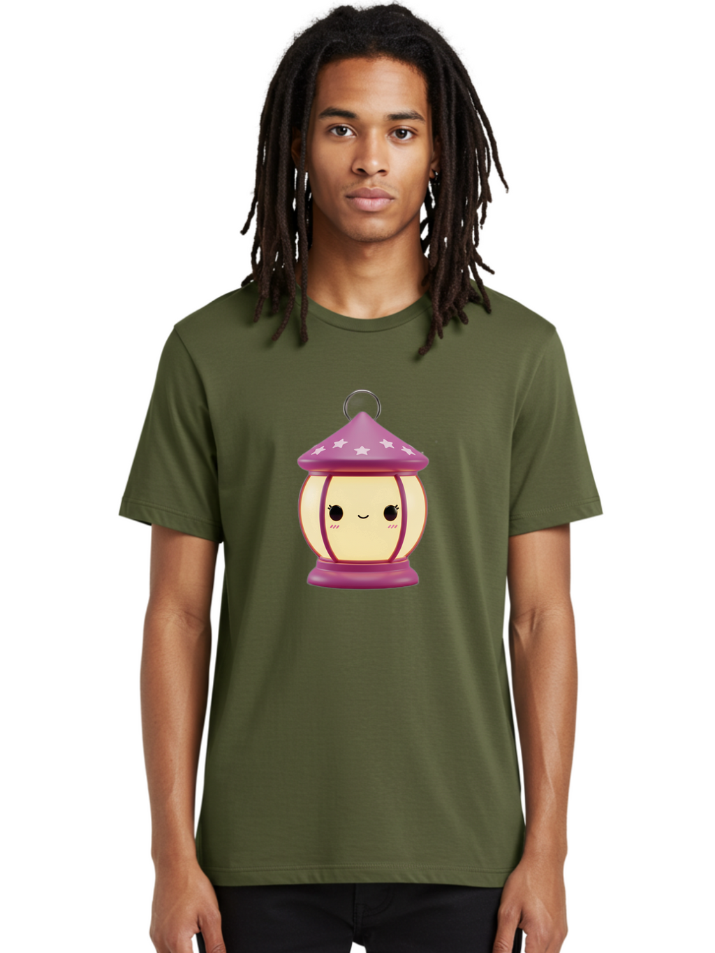 Purple-Lantern Men'S Graphic Tee, 100% Cotton, Comfortable Casual Summer Wear, Machine Washable, Cartoon Lantern, Purple Lantern, White Stars, Smiling Face, Kawaii Design, Cute Decor, Soft Lighting, Decorative Lamp, Whimsical Charm, Bad464