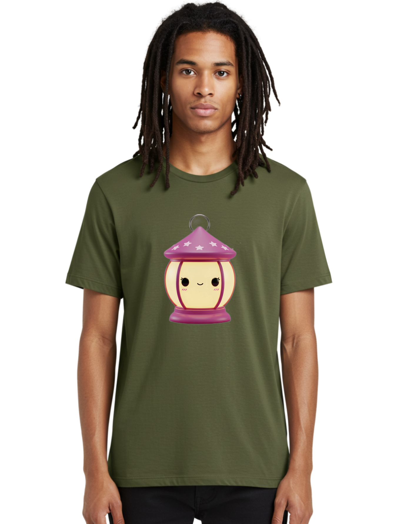 Purple-Lantern Men'S Graphic Tee, 100% Cotton, Comfortable Casual Summer Wear, Machine Washable, Cartoon Lantern, Purple Lantern, White Stars, Smiling Face, Kawaii Design, Cute Decor, Soft Lighting, Decorative Lamp, Whimsical Charm, Bad464