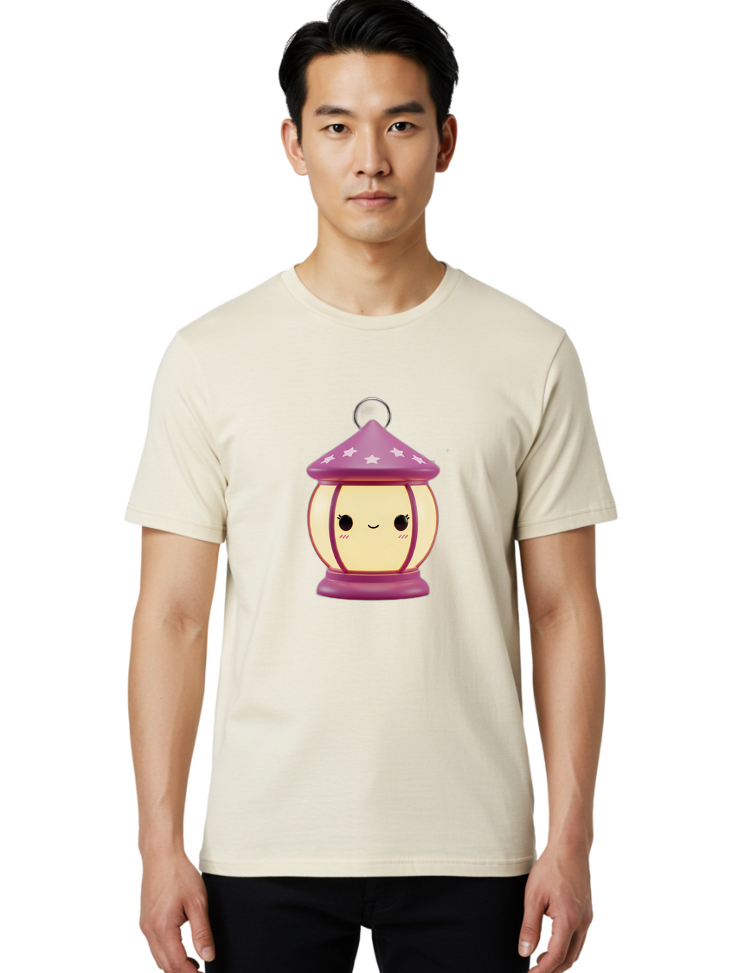 Purple-Lantern Men'S Graphic Tee, 100% Cotton, Comfortable Casual Summer Wear, Machine Washable, Cartoon Lantern, Purple Lantern, White Stars, Smiling Face, Kawaii Design, Cute Decor, Soft Lighting, Decorative Lamp, Whimsical Charm, Bad464