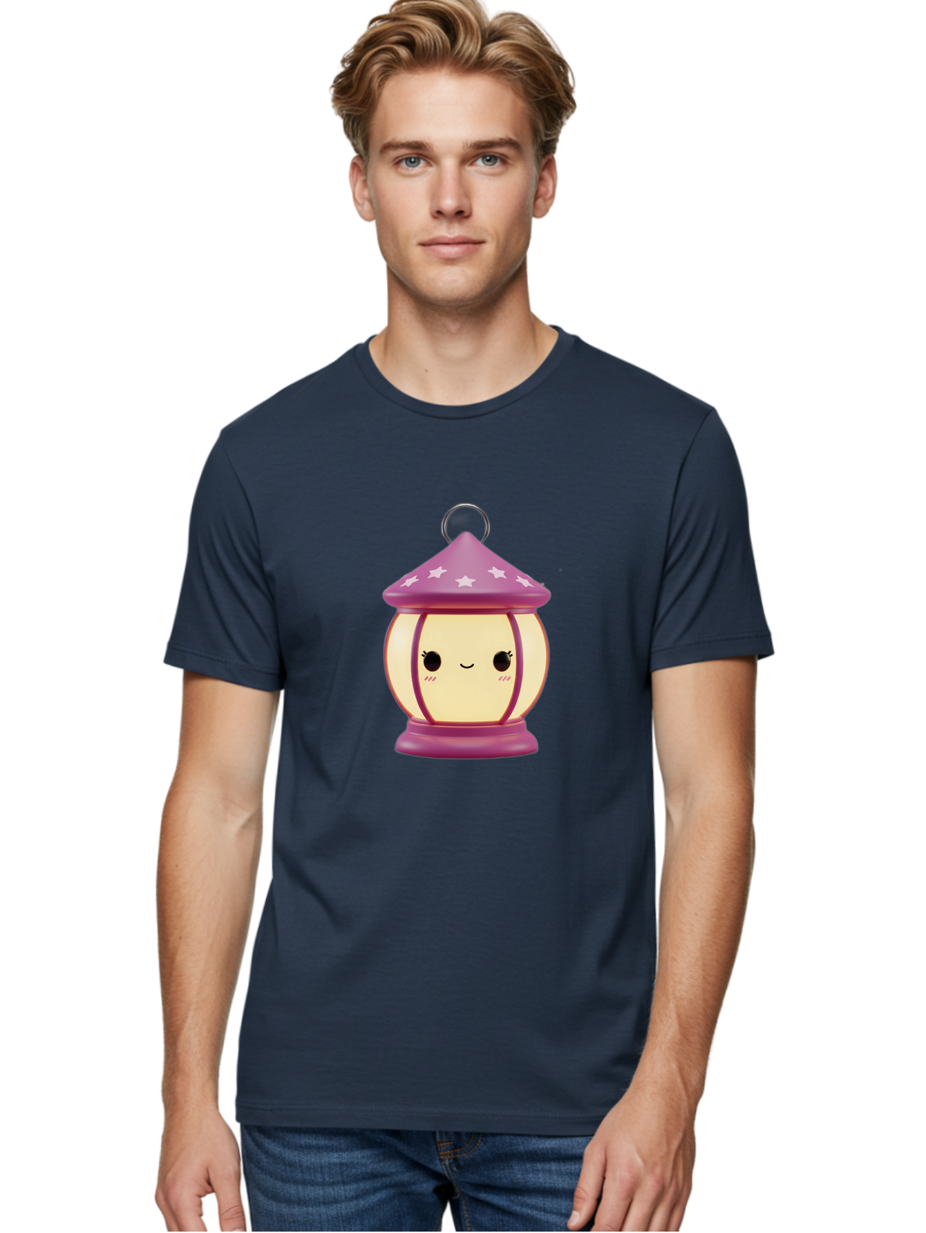 Purple-Lantern Men'S Graphic Tee, 100% Cotton, Comfortable Casual Summer Wear, Machine Washable, Cartoon Lantern, Purple Lantern, White Stars, Smiling Face, Kawaii Design, Cute Decor, Soft Lighting, Decorative Lamp, Whimsical Charm, Bad464
