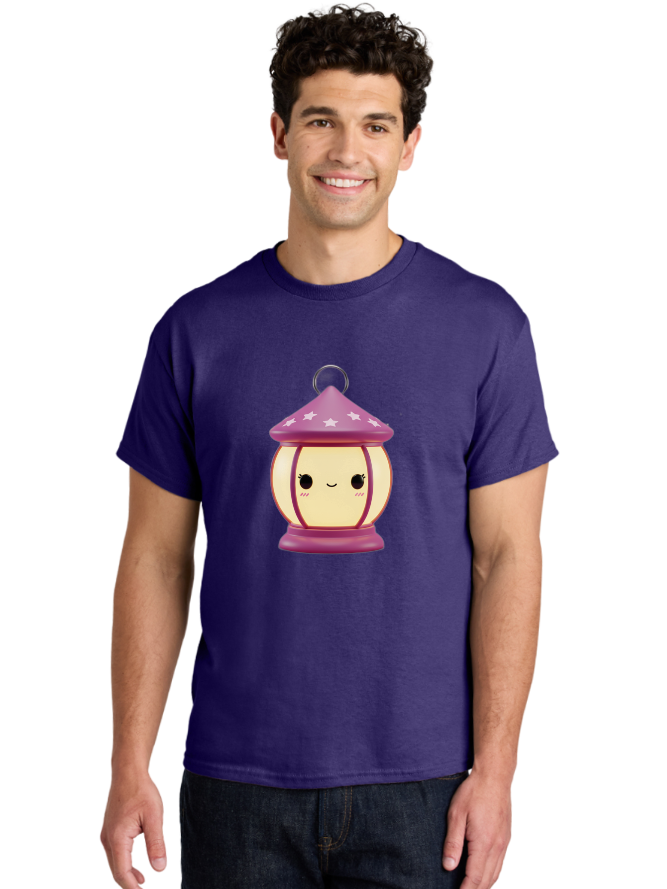 Purple-Lantern Men'S Graphic Tee, 100% Cotton, Comfortable Casual Summer Wear, Machine Washable, Cartoon Lantern, Purple Lantern, White Stars, Smiling Face, Kawaii Design, Cute Decor, Soft Lighting, Decorative Lamp, Whimsical Charm, Bad464