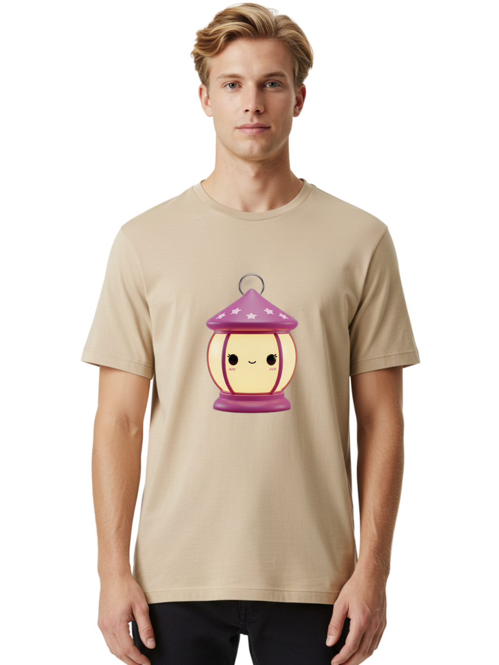 Purple-Lantern Men'S Graphic Tee, 100% Cotton, Comfortable Casual Summer Wear, Machine Washable, Cartoon Lantern, Purple Lantern, White Stars, Smiling Face, Kawaii Design, Cute Decor, Soft Lighting, Decorative Lamp, Whimsical Charm, Bad464