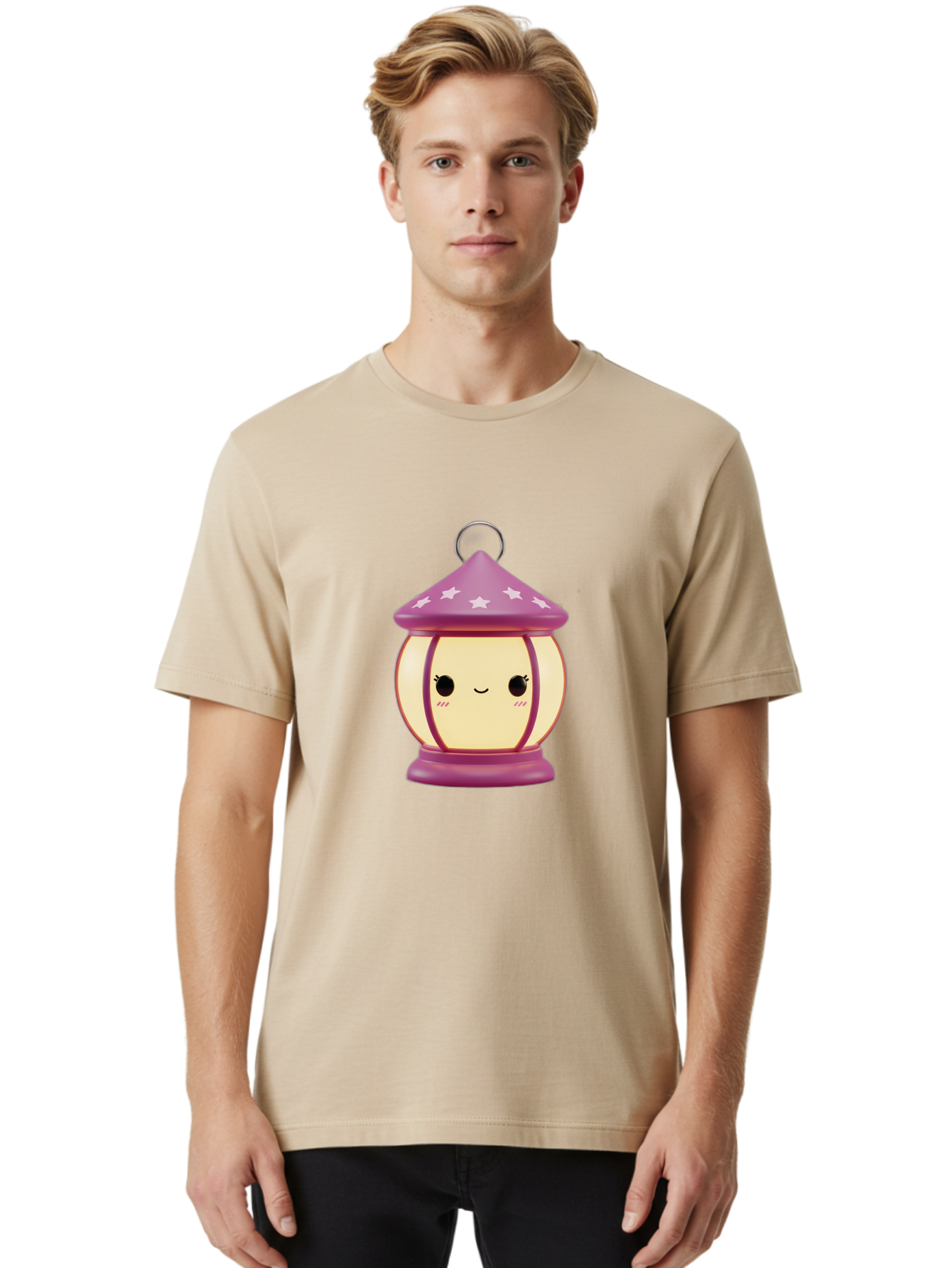 Purple-Lantern Men'S Graphic Tee, 100% Cotton, Comfortable Casual Summer Wear, Machine Washable, Cartoon Lantern, Purple Lantern, White Stars, Smiling Face, Kawaii Design, Cute Decor, Soft Lighting, Decorative Lamp, Whimsical Charm, Bad464