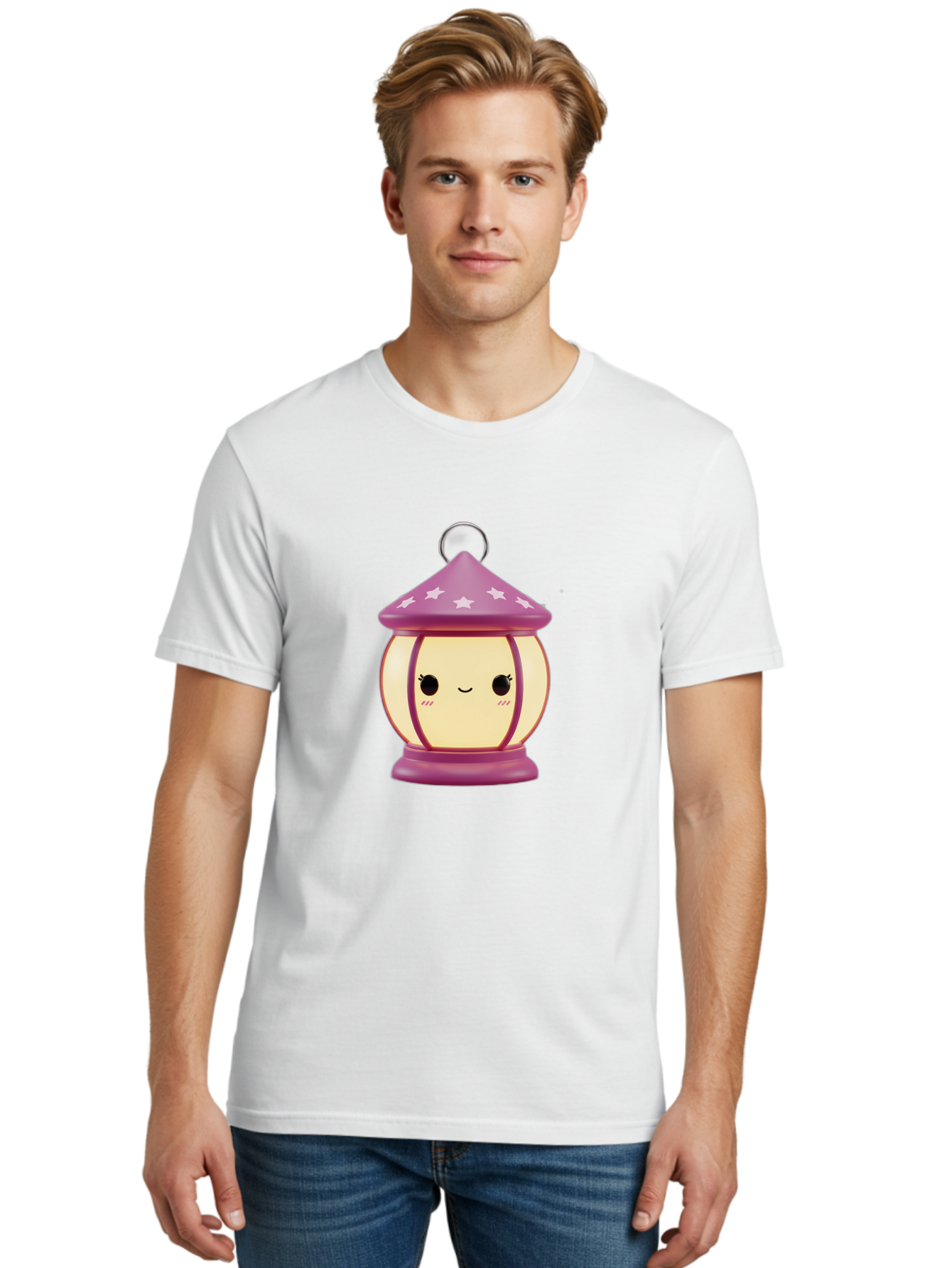 Purple-Lantern Men'S Graphic Tee, 100% Cotton, Comfortable Casual Summer Wear, Machine Washable, Cartoon Lantern, Purple Lantern, White Stars, Smiling Face, Kawaii Design, Cute Decor, Soft Lighting, Decorative Lamp, Whimsical Charm, Bad464