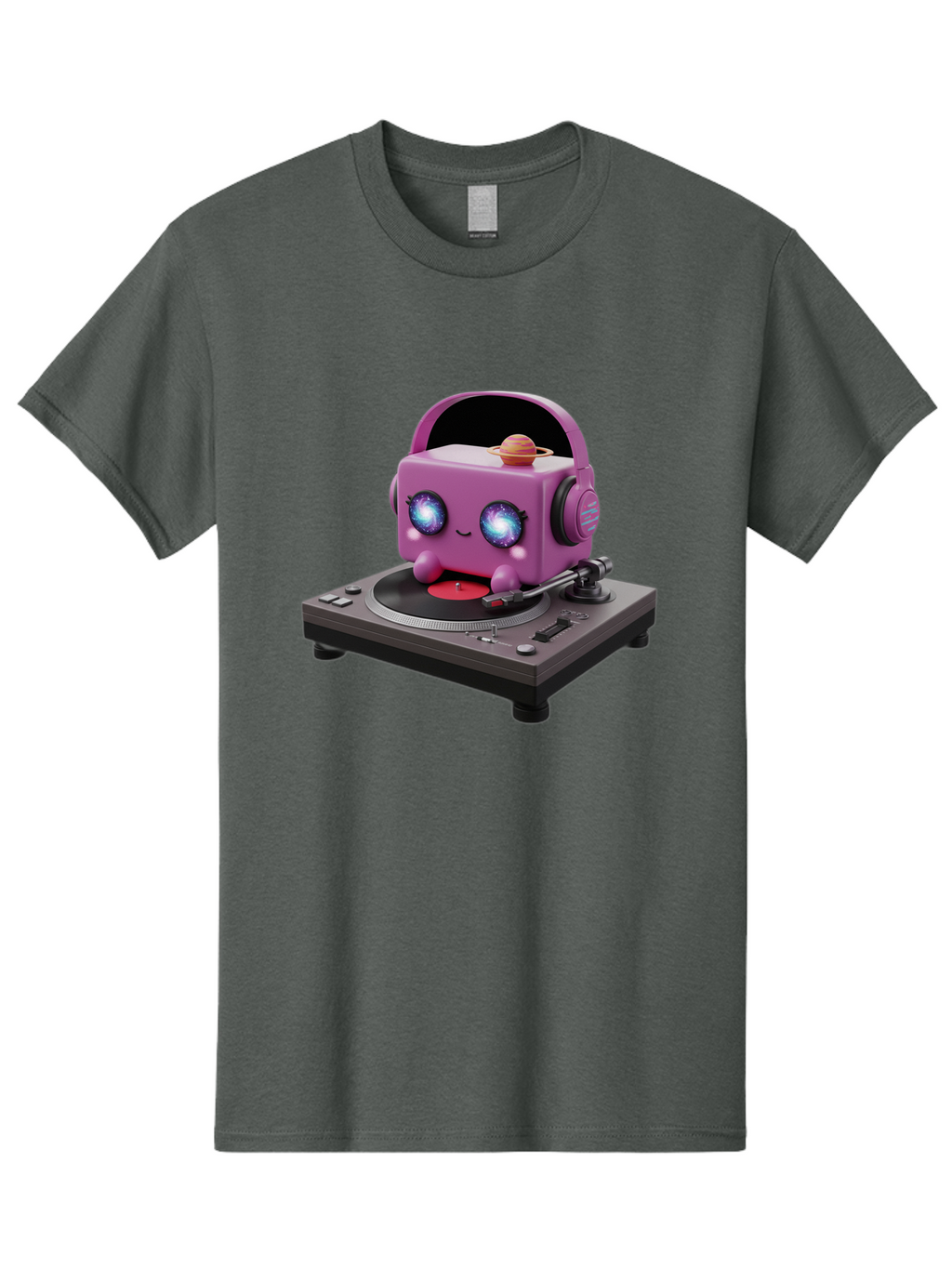 Purple-Robot Men'S Graphic Tee, 100% Cotton, Comfortable Casual Summer Wear, Machine Washable, Purple Robot, Record Player, Vinyl Records, Music Lover, Kawaii Character, Cartoon Robot, Galaxy Eyes, Planet On Head, Headphones, Music Enthusiast, Bad465