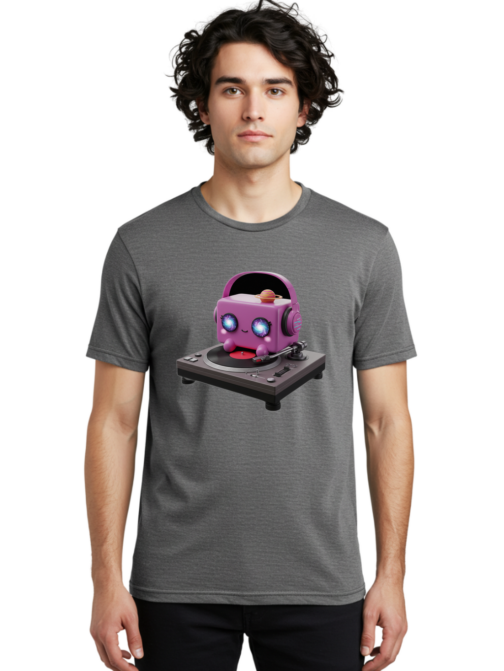 Purple-Robot Men'S Graphic Tee, 100% Cotton, Comfortable Casual Summer Wear, Machine Washable, Purple Robot, Record Player, Vinyl Records, Music Lover, Kawaii Character, Cartoon Robot, Galaxy Eyes, Planet On Head, Headphones, Music Enthusiast, Bad465