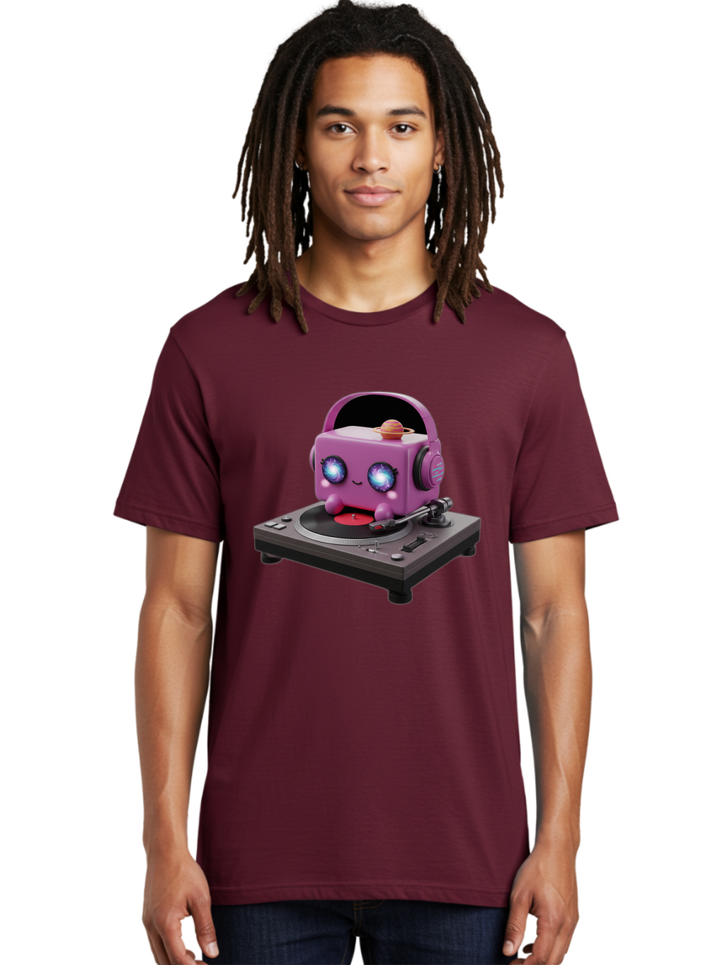 Purple-Robot Men'S Graphic Tee, 100% Cotton, Comfortable Casual Summer Wear, Machine Washable, Purple Robot, Record Player, Vinyl Records, Music Lover, Kawaii Character, Cartoon Robot, Galaxy Eyes, Planet On Head, Headphones, Music Enthusiast, Bad465