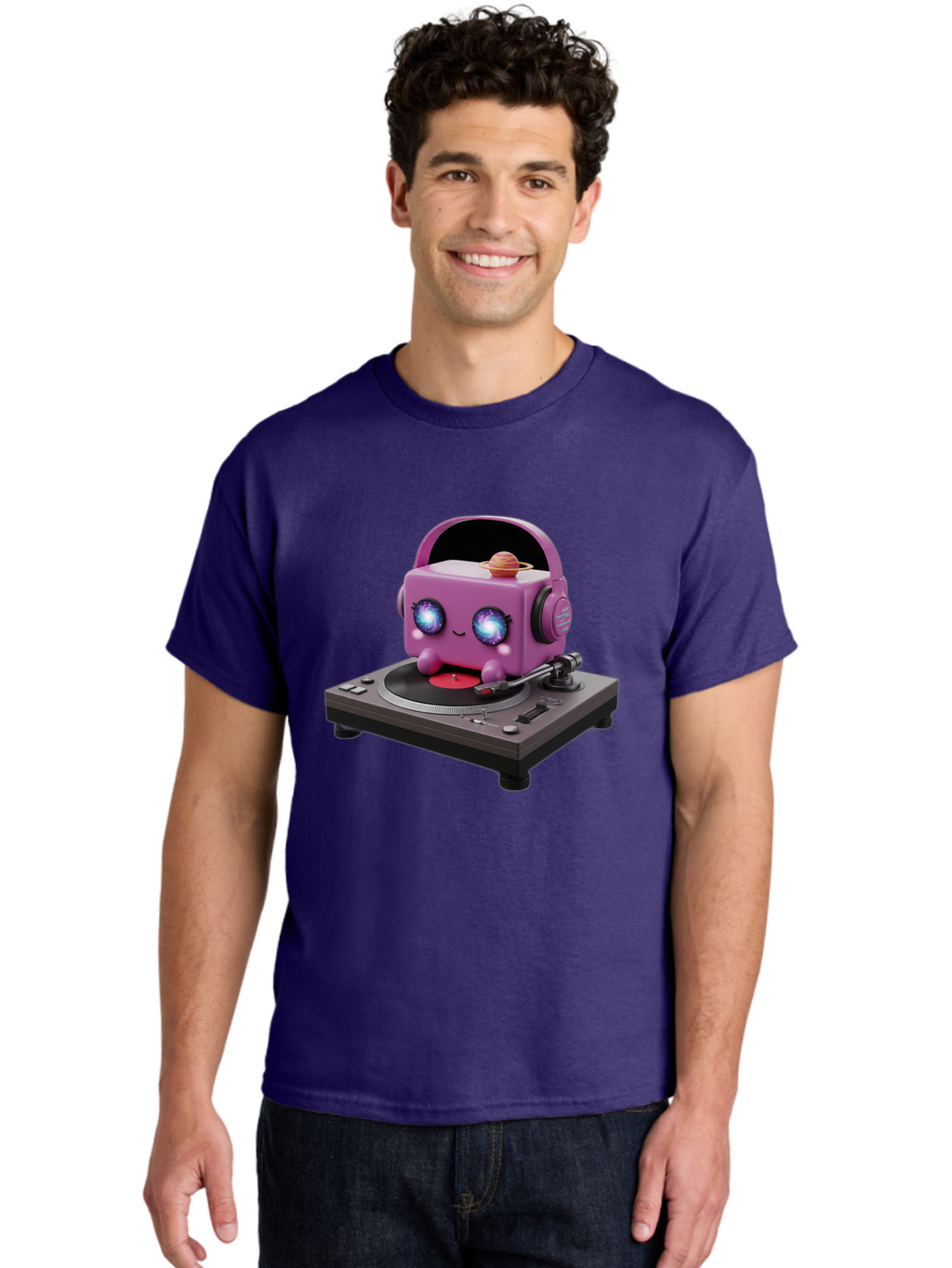 Purple-Robot Men'S Graphic Tee, 100% Cotton, Comfortable Casual Summer Wear, Machine Washable, Purple Robot, Record Player, Vinyl Records, Music Lover, Kawaii Character, Cartoon Robot, Galaxy Eyes, Planet On Head, Headphones, Music Enthusiast, Bad465