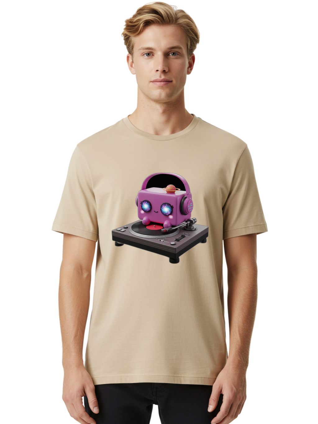 Purple-Robot Men'S Graphic Tee, 100% Cotton, Comfortable Casual Summer Wear, Machine Washable, Purple Robot, Record Player, Vinyl Records, Music Lover, Kawaii Character, Cartoon Robot, Galaxy Eyes, Planet On Head, Headphones, Music Enthusiast, Bad465