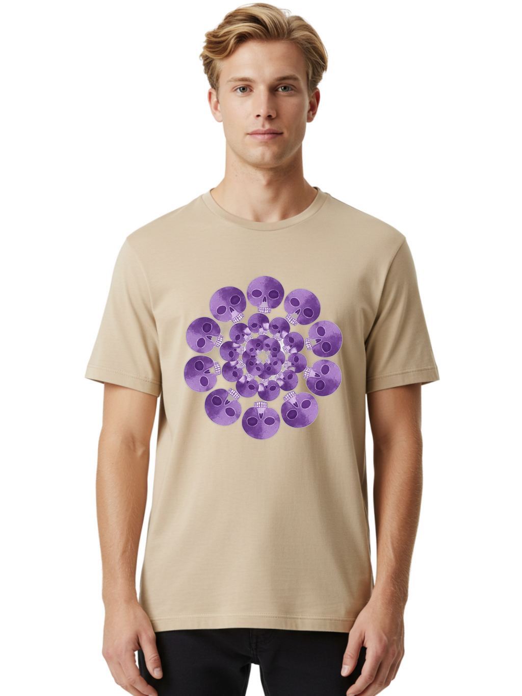 Purple-Skulls Men'S Graphic Tee, 100% Cotton, Comfortable Casual Summer Wear, Machine Washable, Cluster Of Purple Skulls, Skull Illustration, Gothic Art, Skull Design, Purple And White Colors, Skull Pattern, Dark Aesthetic, Grunge Style Bad466