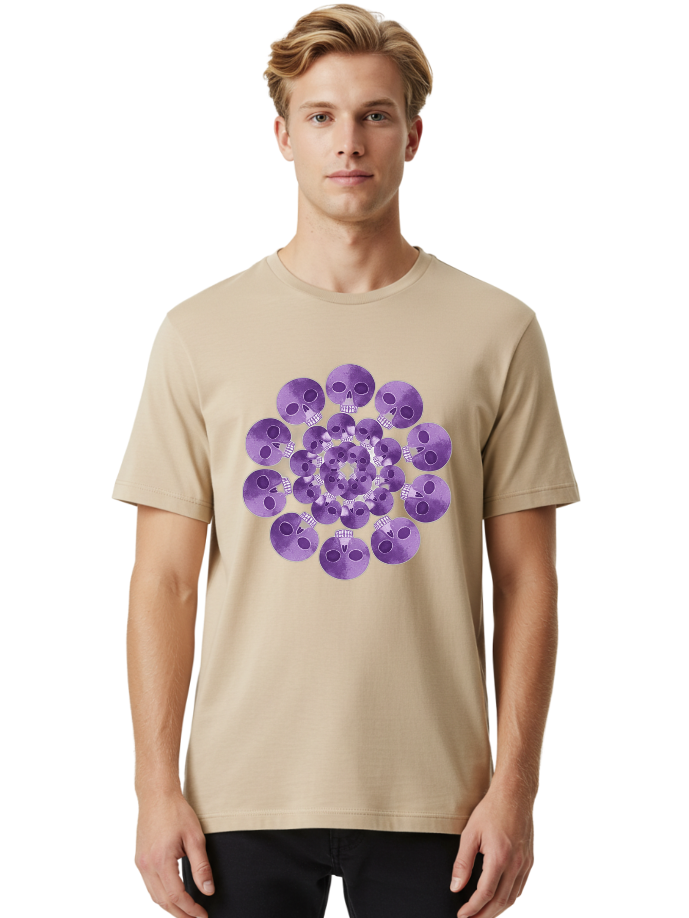 Purple-Skulls Men'S Graphic Tee, 100% Cotton, Comfortable Casual Summer Wear, Machine Washable, Cluster Of Purple Skulls, Skull Illustration, Gothic Art, Skull Design, Purple And White Colors, Skull Pattern, Dark Aesthetic, Grunge Style Bad466