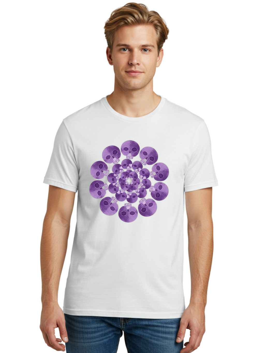 Purple-Skulls Men'S Graphic Tee, 100% Cotton, Comfortable Casual Summer Wear, Machine Washable, Cluster Of Purple Skulls, Skull Illustration, Gothic Art, Skull Design, Purple And White Colors, Skull Pattern, Dark Aesthetic, Grunge Style Bad466