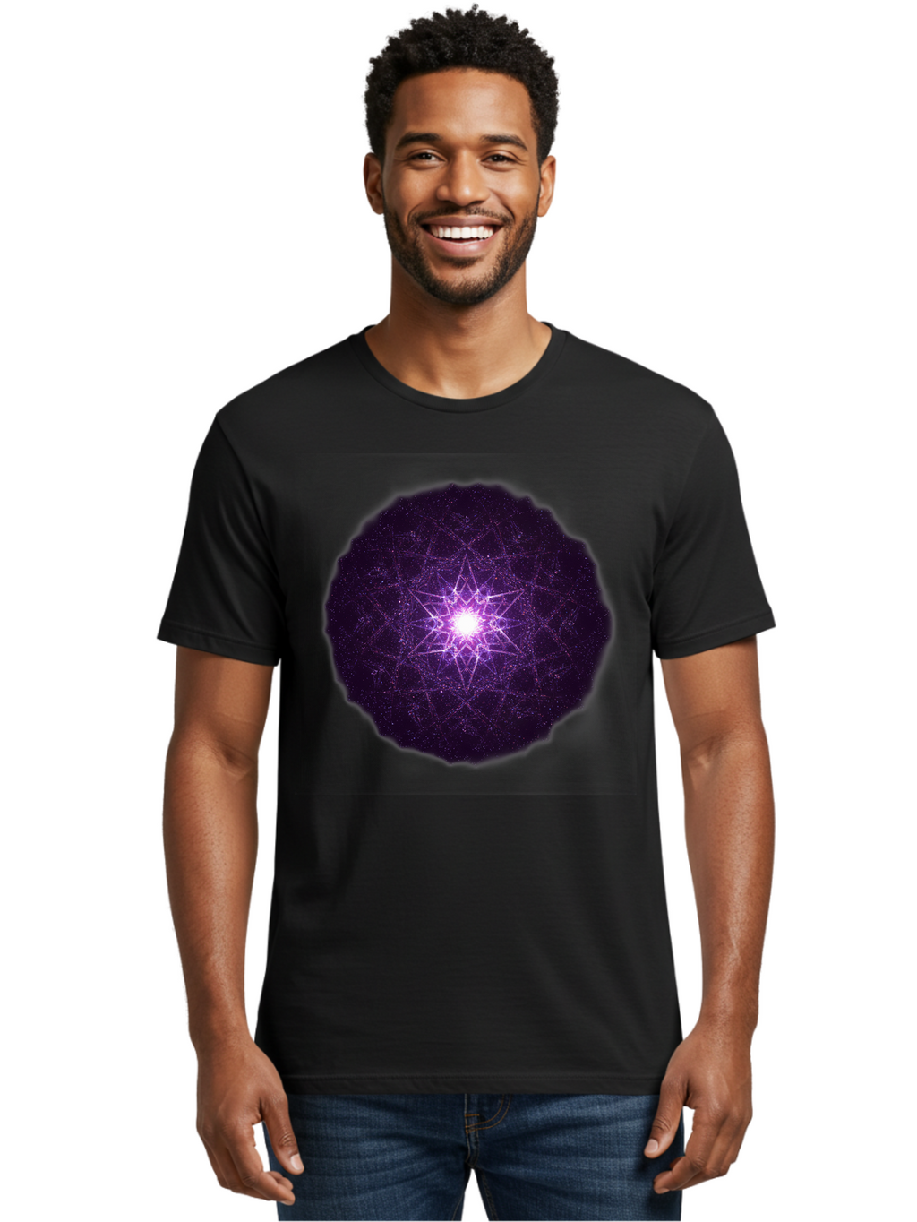 Purple-Star Men'S Graphic Tee, 100% Cotton, Comfortable Casual Summer Wear, Machine Washable, Sacred Geometry, Purple Star, Mystical Symbol, Spiritual Pattern, Geometric Shape, Celestial Body, Starburst, Mandala, Abstract Art, Cosmic Energy Bad467