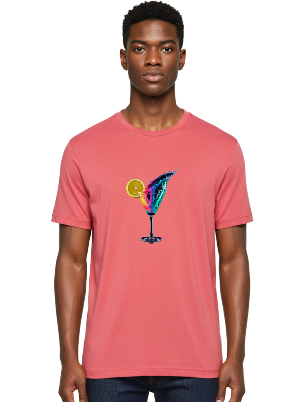 Rainbow-Cocktail Men'S Graphic Tee, 100% Cotton, Comfortable Casual Summer Wear, Machine Washable, Colorful Cocktail, Vibrant Drink, Splash Art, Orange Slice Garnish, Creative Mixology, Refreshing Beverage, Nightlife Ambiance, Party Drink Bad468