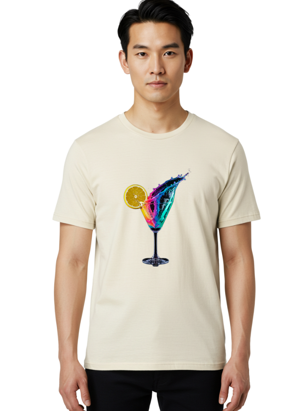 Rainbow-Cocktail Men'S Graphic Tee, 100% Cotton, Comfortable Casual Summer Wear, Machine Washable, Colorful Cocktail, Vibrant Drink, Splash Art, Orange Slice Garnish, Creative Mixology, Refreshing Beverage, Nightlife Ambiance, Party Drink Bad468