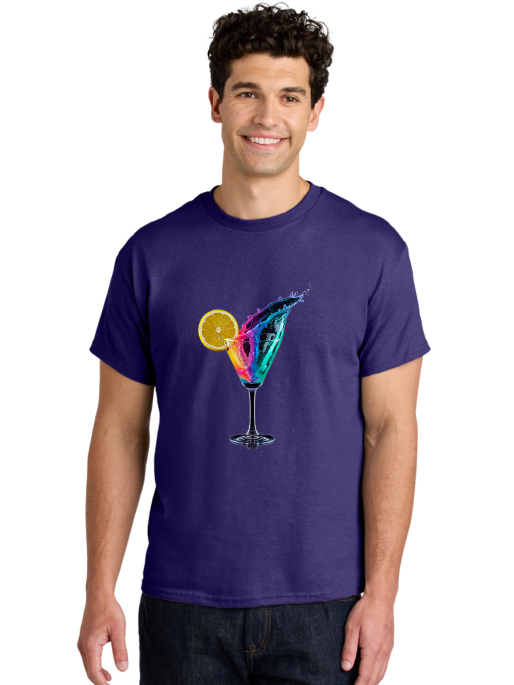 Rainbow-Cocktail Men'S Graphic Tee, 100% Cotton, Comfortable Casual Summer Wear, Machine Washable, Colorful Cocktail, Vibrant Drink, Splash Art, Orange Slice Garnish, Creative Mixology, Refreshing Beverage, Nightlife Ambiance, Party Drink Bad468