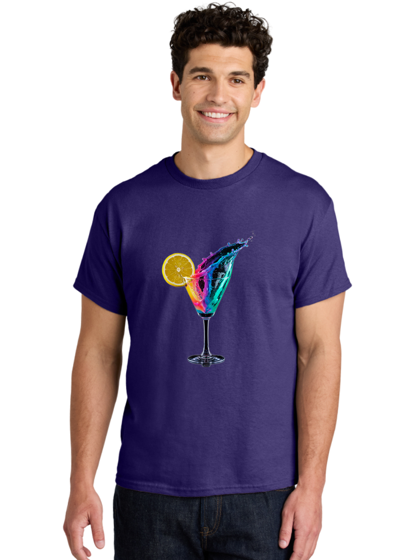 Rainbow-Cocktail Men'S Graphic Tee, 100% Cotton, Comfortable Casual Summer Wear, Machine Washable, Colorful Cocktail, Vibrant Drink, Splash Art, Orange Slice Garnish, Creative Mixology, Refreshing Beverage, Nightlife Ambiance, Party Drink Bad468