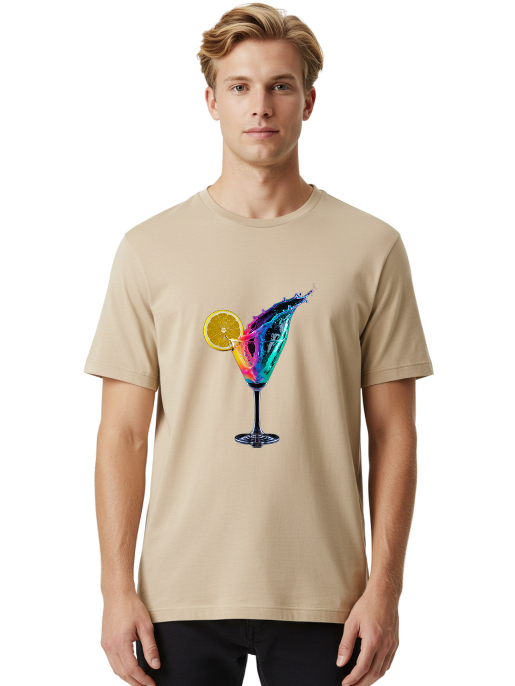 Rainbow-Cocktail Men'S Graphic Tee, 100% Cotton, Comfortable Casual Summer Wear, Machine Washable, Colorful Cocktail, Vibrant Drink, Splash Art, Orange Slice Garnish, Creative Mixology, Refreshing Beverage, Nightlife Ambiance, Party Drink Bad468