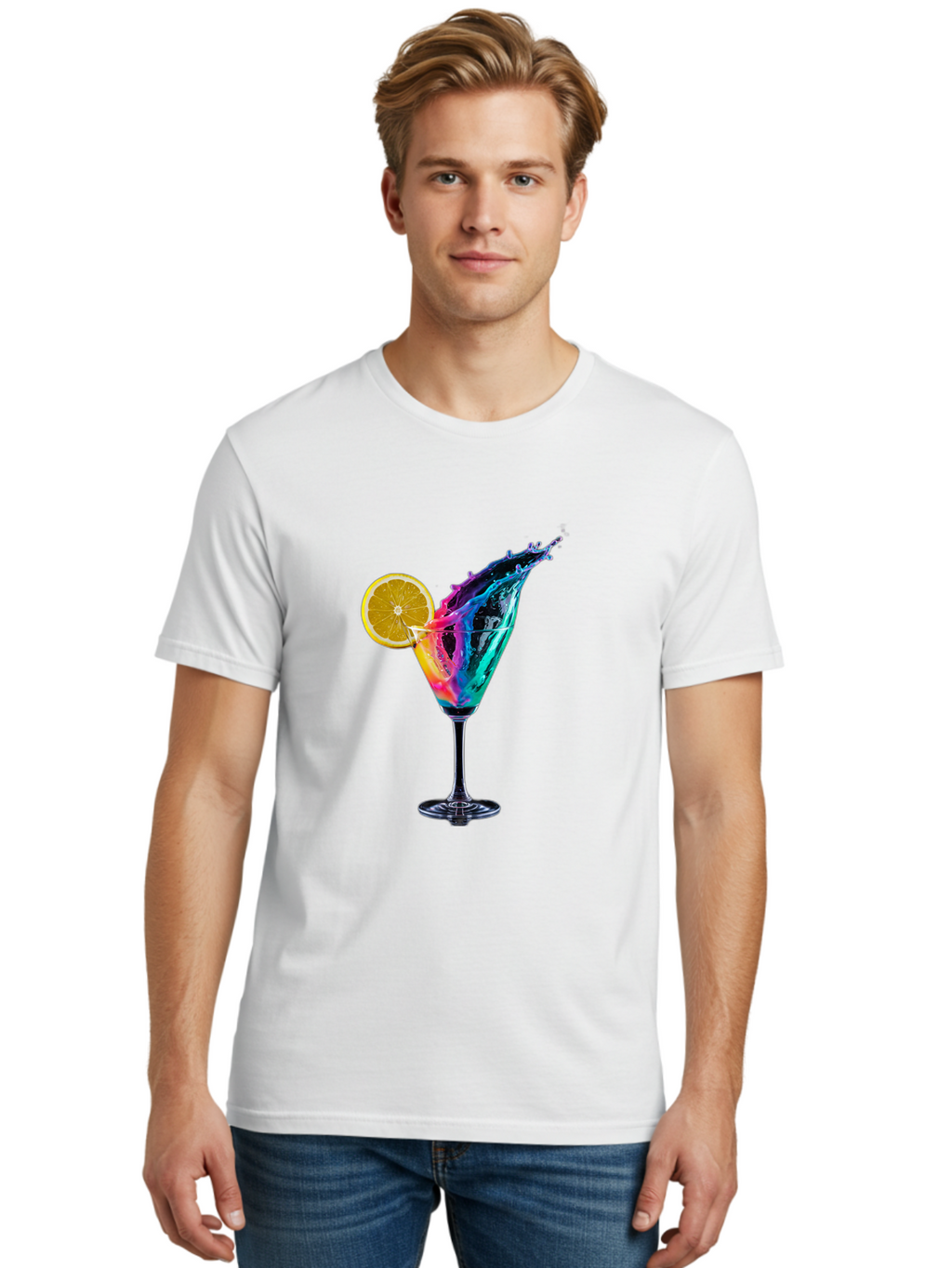 Rainbow-Cocktail Men'S Graphic Tee, 100% Cotton, Comfortable Casual Summer Wear, Machine Washable, Colorful Cocktail, Vibrant Drink, Splash Art, Orange Slice Garnish, Creative Mixology, Refreshing Beverage, Nightlife Ambiance, Party Drink Bad468
